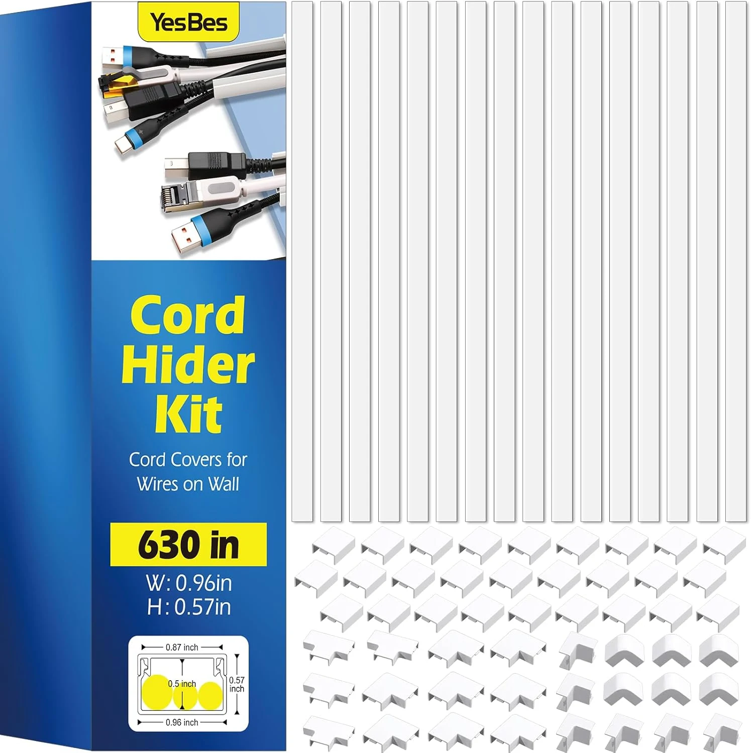 630in Cord Hider Kit, Paintable Cable Raceway, Cord Covers for Wires on Wall (YesBes)