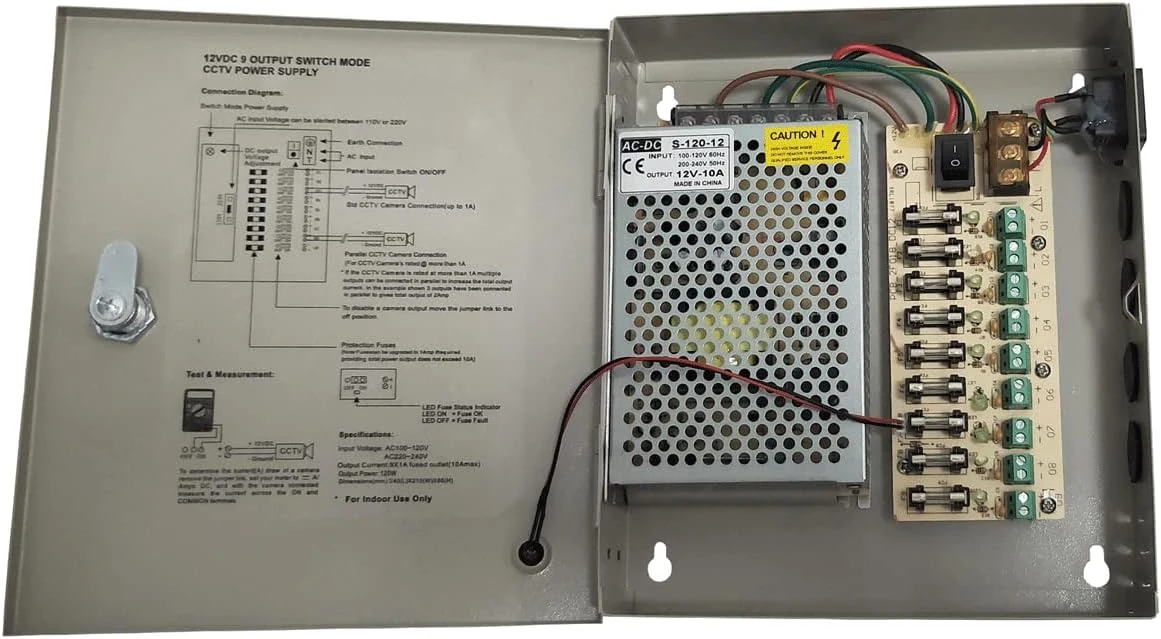 Yuarise 9 Channel/Port DC 12V 10 Amp Security Camera Power Supply Distribution (Metal Box, 9 Outputs)