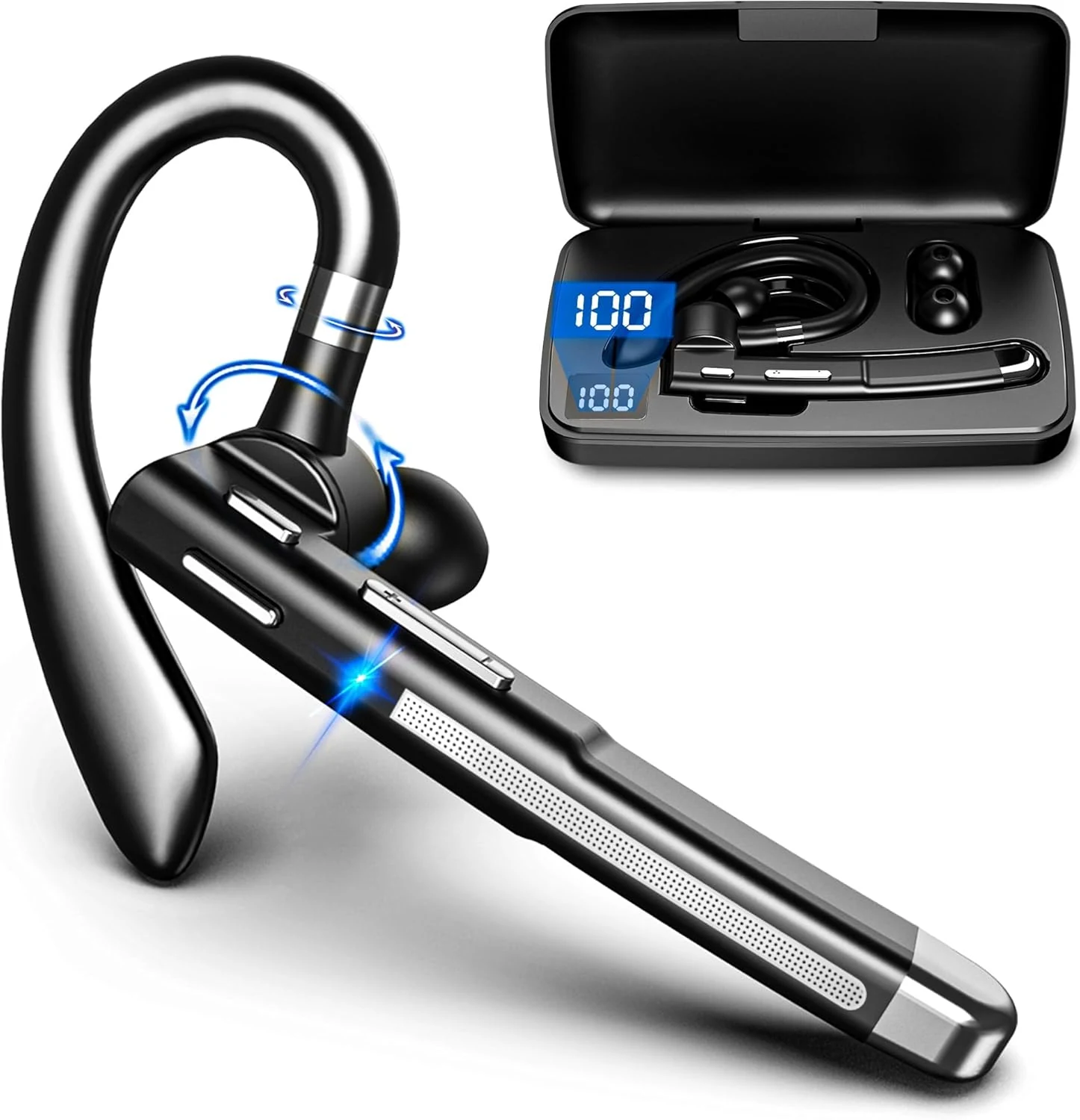 Bluetooth Headset V6.1, Wireless Bluetooth Earpiece with 500mAh Charging Case,100 Hours Talking Time, CVC8.0 Noise Cancelling Single-Ear Earphone, Hand-Free Headphones for Trucker, Office, Business
