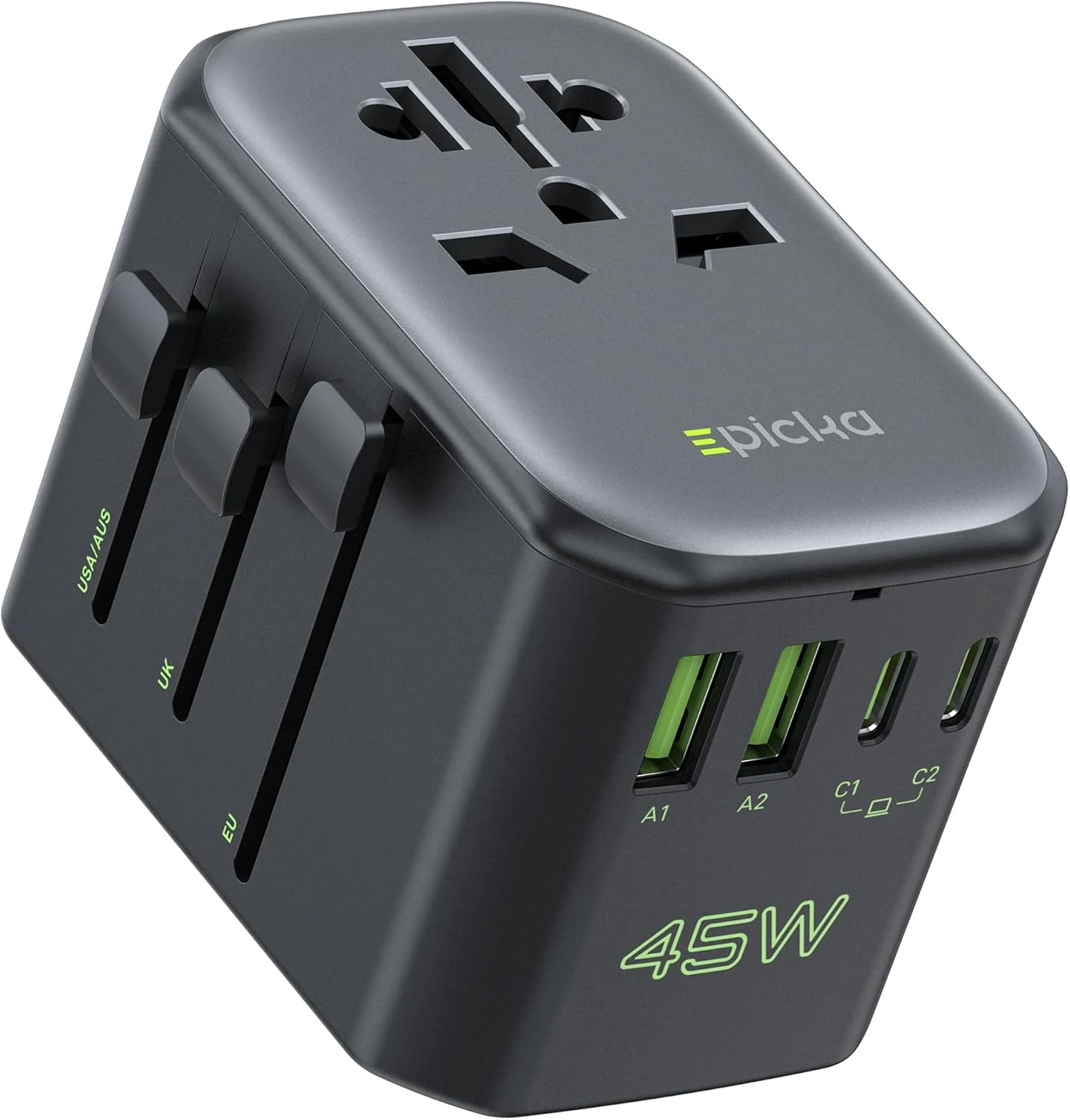 EPICKA Pulse 45W International Power Adapter, Universal Travel Adapter with PD Fast Charging, 5-Port (1 AC/2 USB-A/2 USB-C) European Travel Plug Adapter (Black)