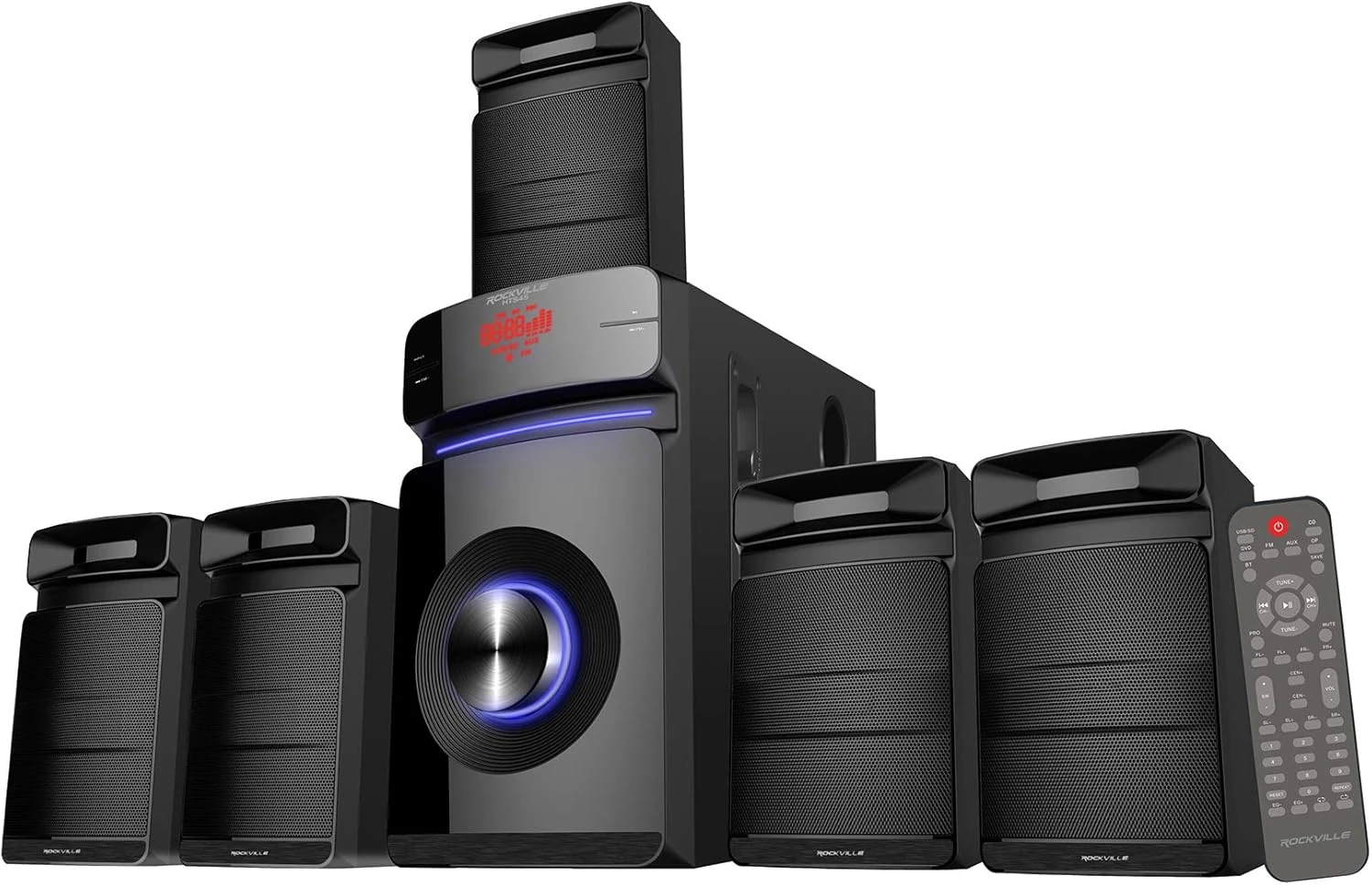 Rockville HTS45 800w 5.1 Channel Home Theater Audio System, Bluetooth Connectivity, USB/SD Playback, Wall-Mountable Speakers