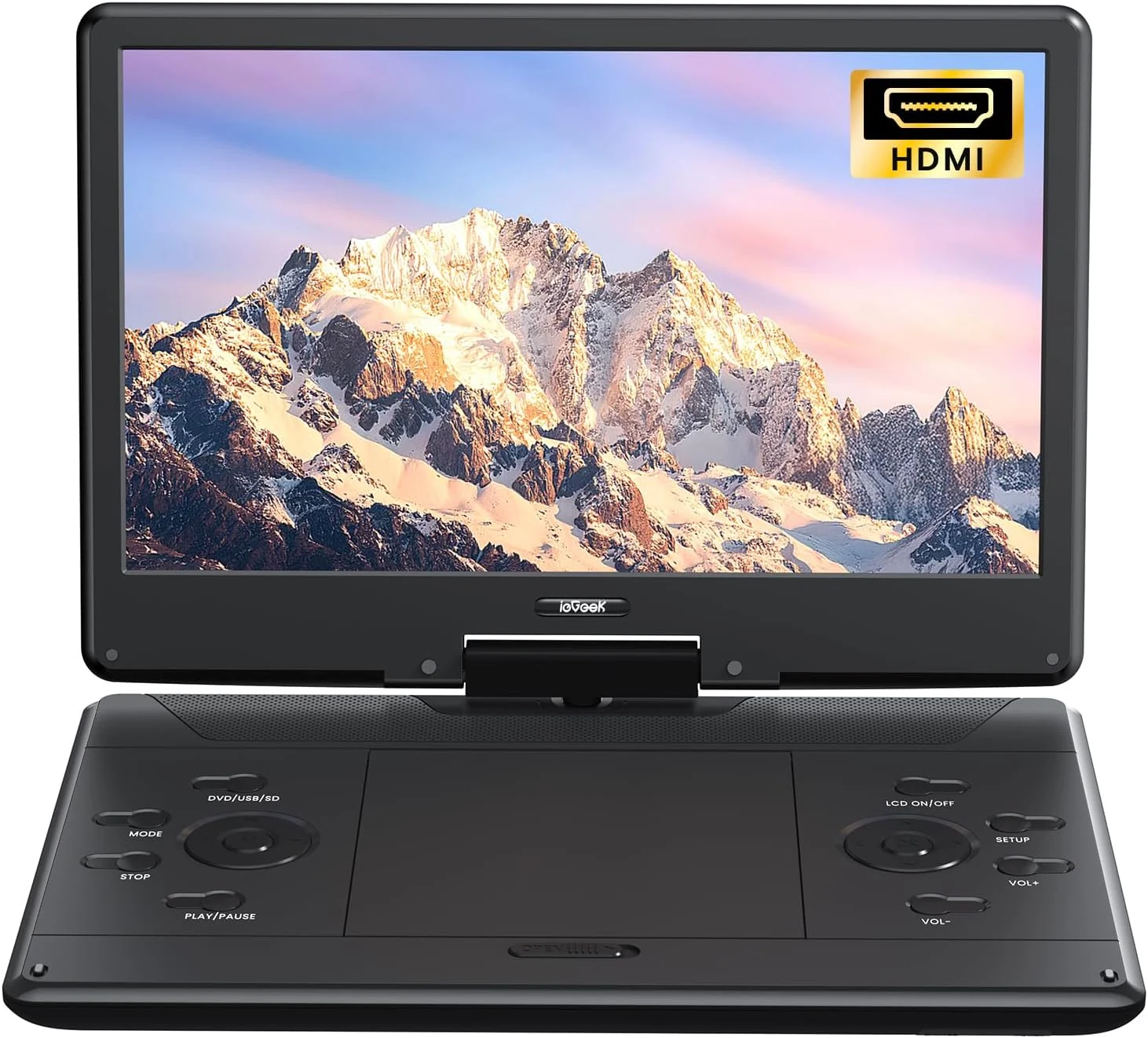 ieGeek 15.9" Portable DVD Player with 14.1" Swivel Screen, HDMI Input, 6-Hour Rechargeable Battery, Region Free, USB/SD Playback, Black