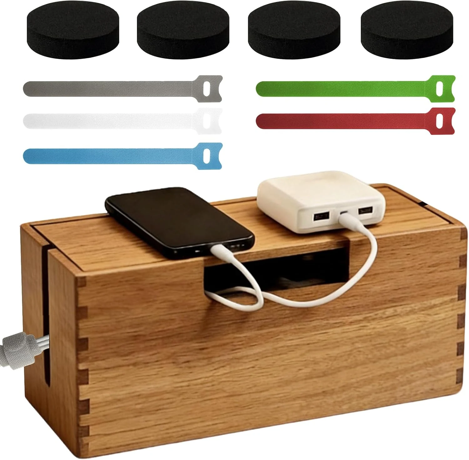 Acacia Wood Cable Management Box, Wooden Cord Hider Organizer for Power Strip