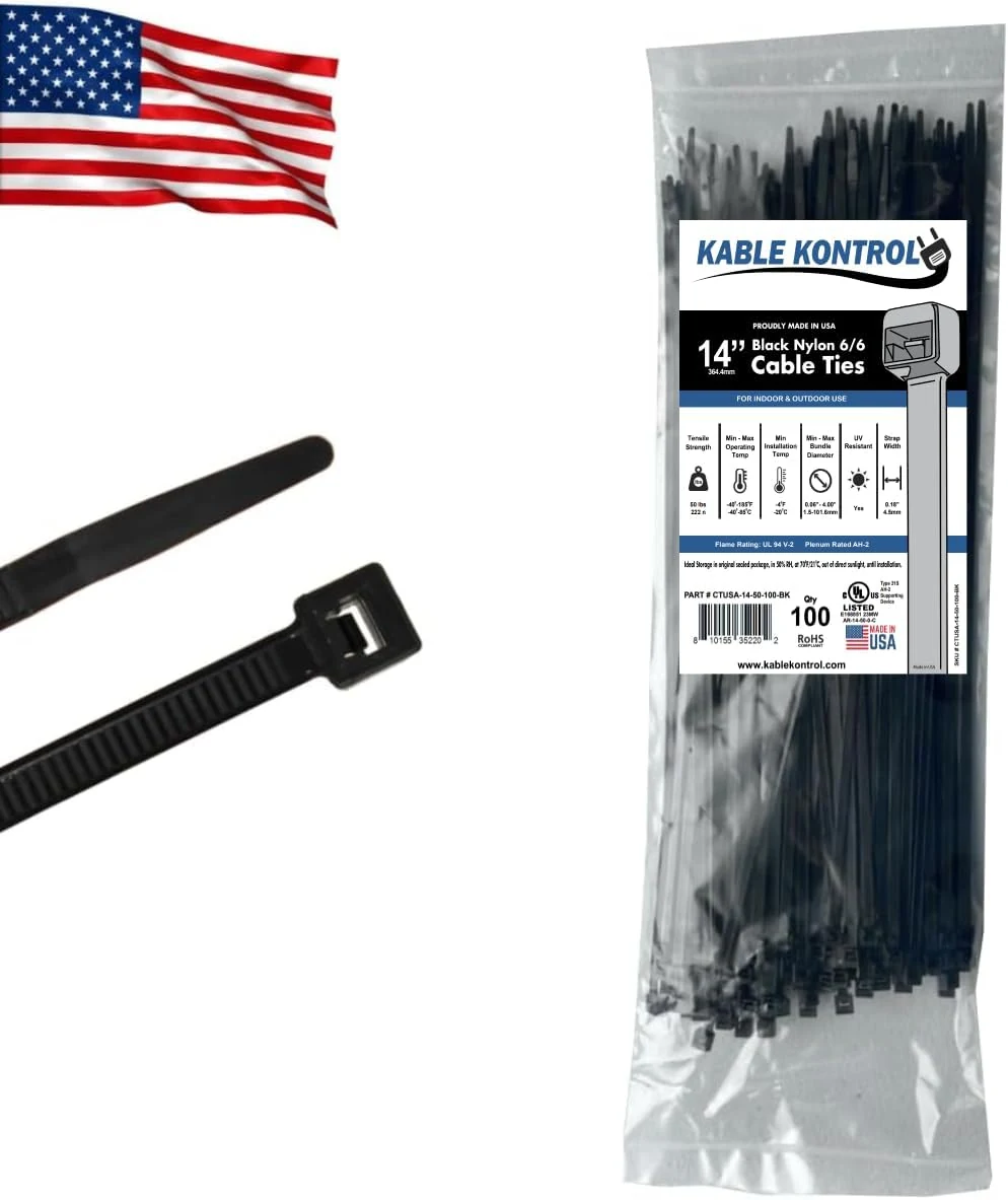 Kable Kontrol Made in USA Cable Zip Ties, 100 Pcs 14 Inch Black, 50 Lbs Tensile Strength