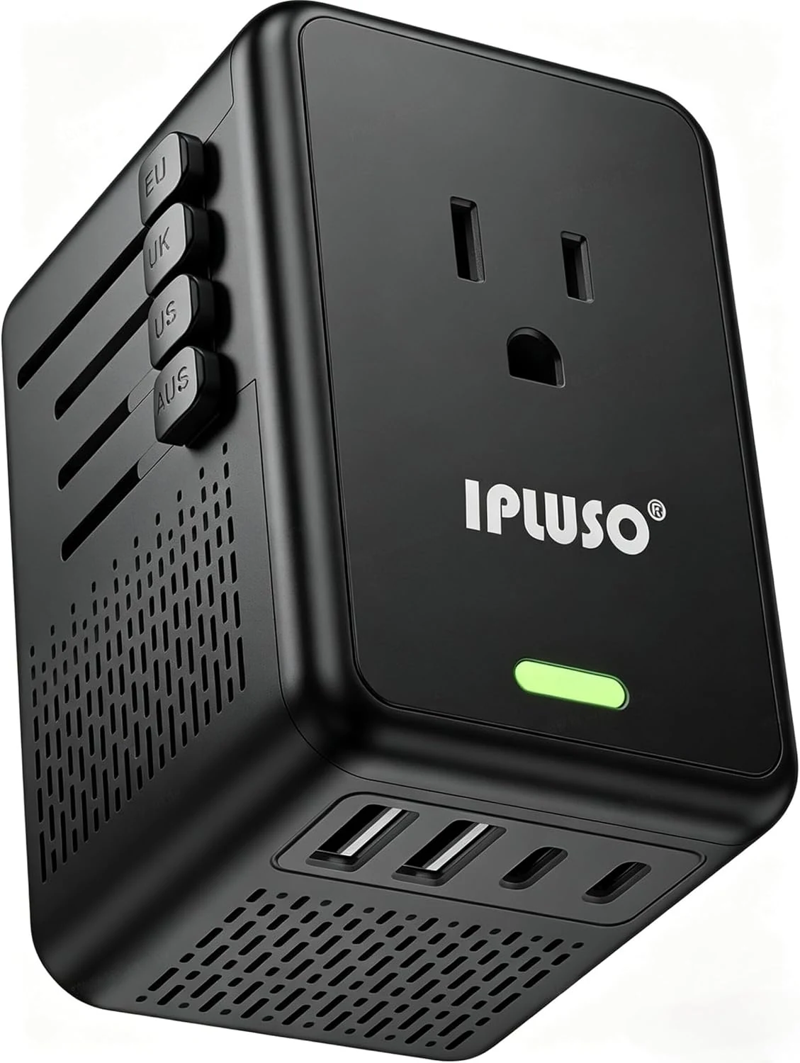 IPLUSO 220V to 110V Voltage Converter US to Europe for Hair Dryer with Fast Charging, Power Converter Adapter Combo 2 USB A & 2 USB C, Black