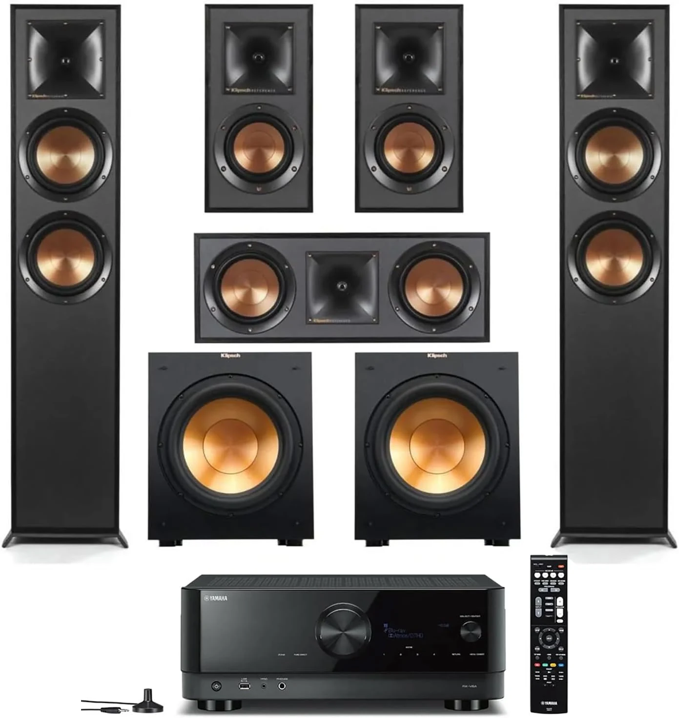 Klipsch Reference 5.2 Home Theater System, Bundle 2X R-625FA Floorstanding 2X R-12SW Subwoofer, R-52C Center, R-41M Bookshelf Speakers, and Yamaha RX-A2AB 7.2-Channel AV Receiver