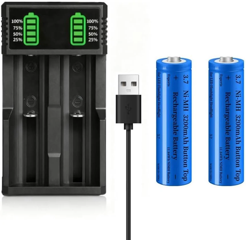 2 Pack 3200mAh 3.7 Battery Button Top NI-MH Rechargeable with 2-Slot USB Battery Charger