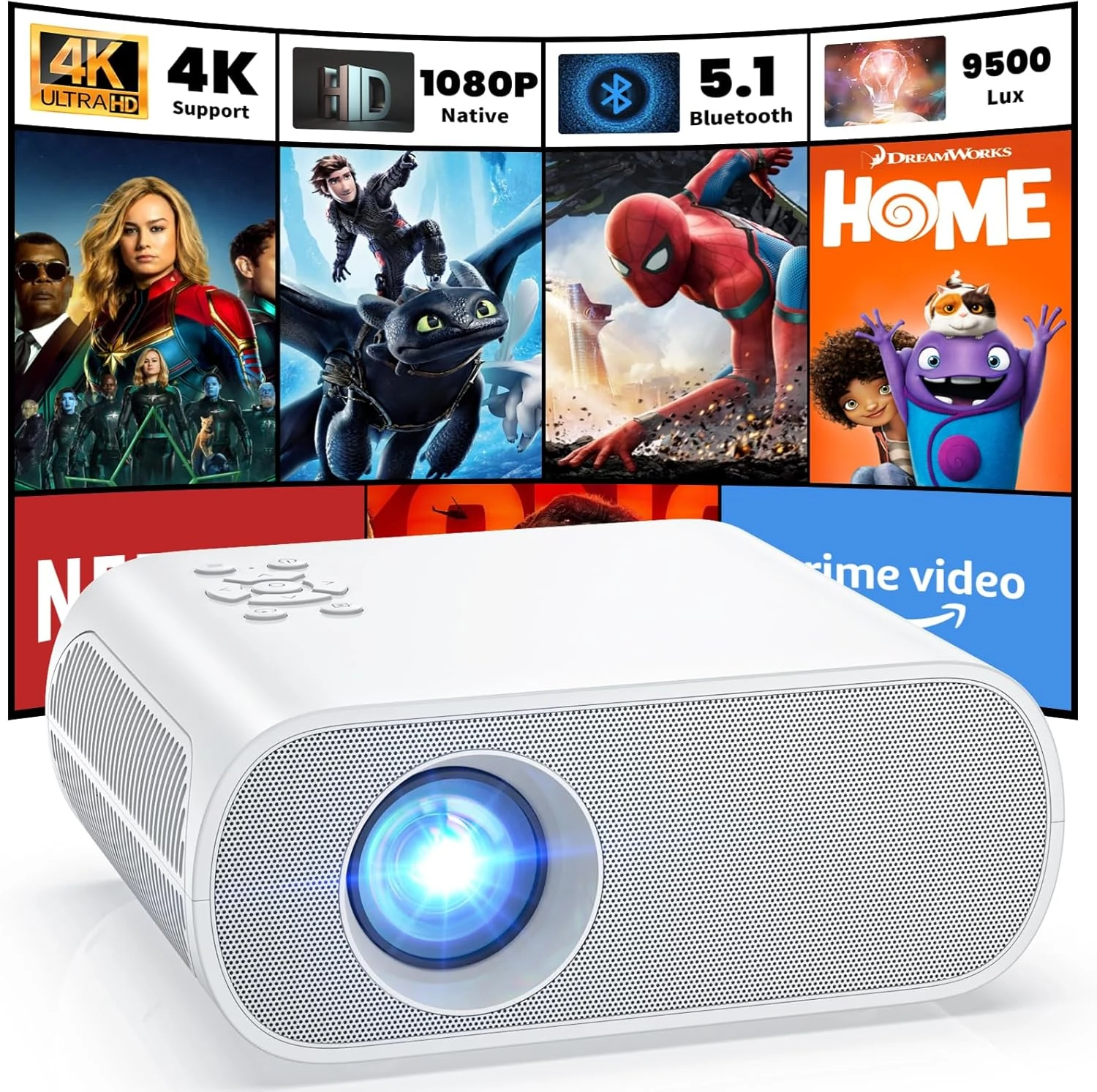 HOMPOW Projector, Native 1080P Full HD Bluetooth Projector with Speaker, 9500 Lumens Outdoor Portable Movie Mini Projector