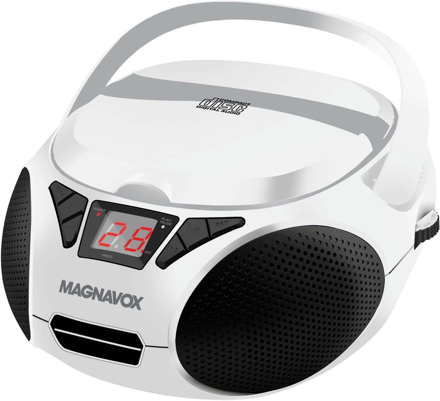 Magnavox Portable Top Loading CD Boombox with AM/FM Stereo Radio in Black | CD-R/CD-RW Compatible | LED Display | AUX Port Supported | Programmable CD Player | (White)
