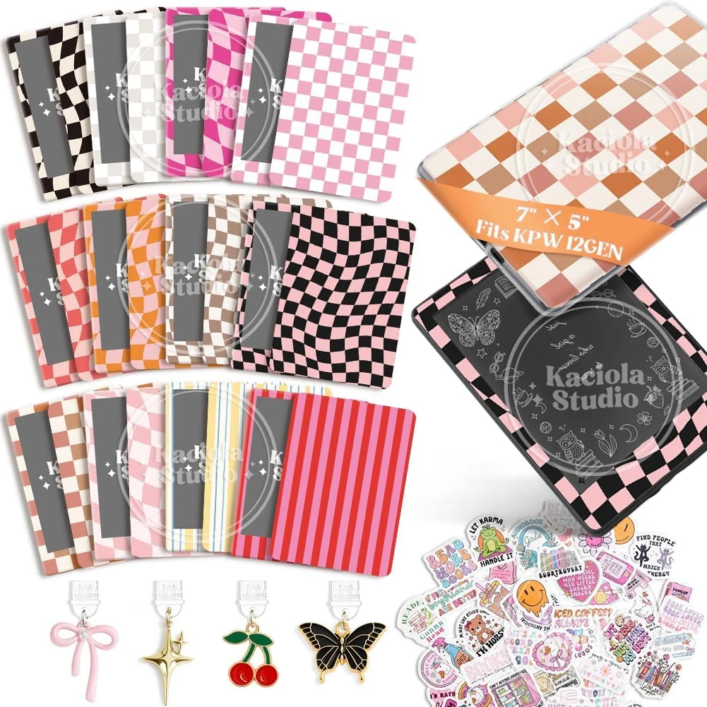 KACIOLA STUDIO 24PCS Warm Color Skin for E-Reader, and 4PCS Type C Charms for E-Reader with Scrapbook Stickers, 7"x5" Skin Front and Back Decal Inserts for Paper White 12th (Warm Color)