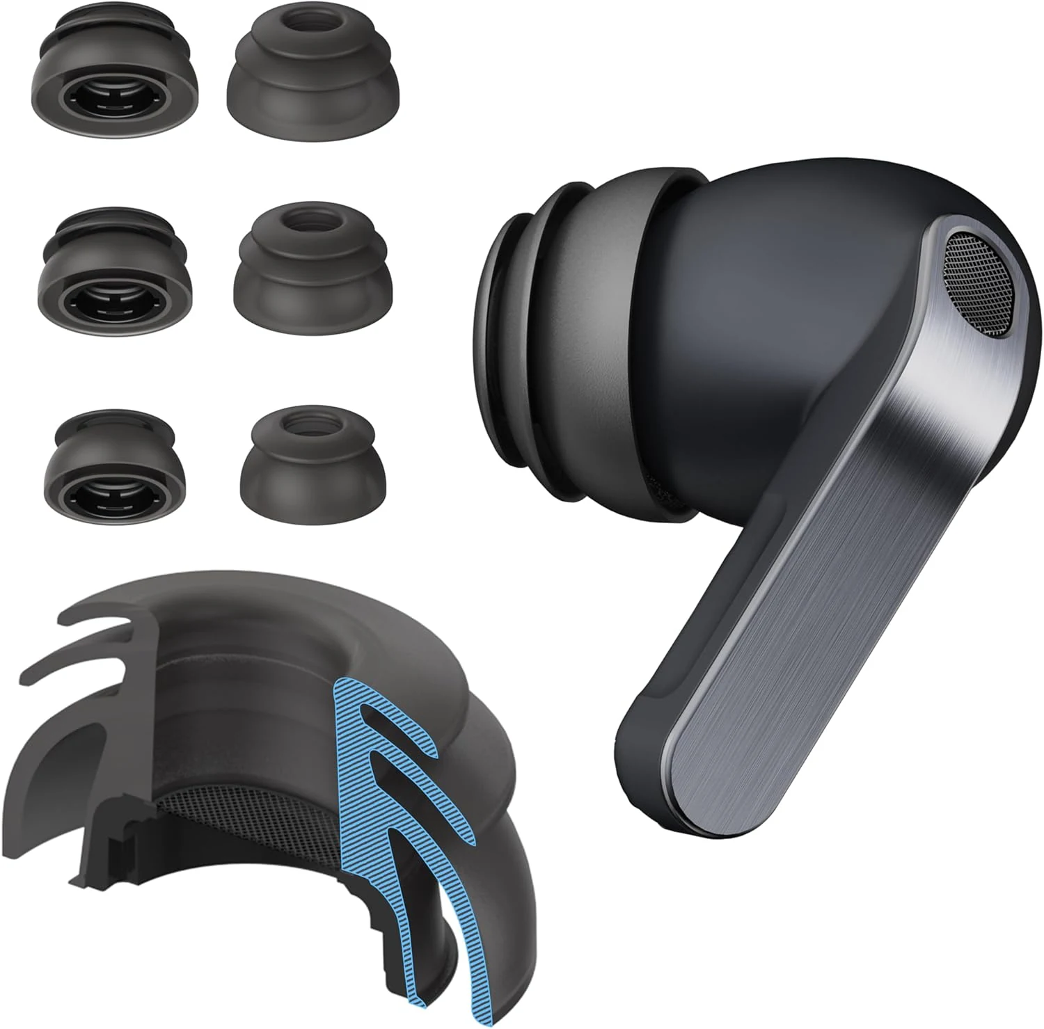 Premium Multi-Flange Eartips for Galaxy Buds4 Pro – Always Fits, Never Slips (Black)