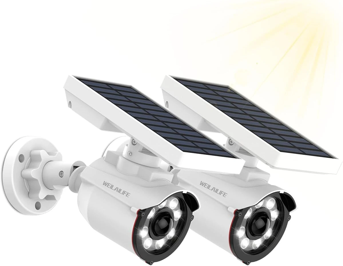 WEILAILIFE Solar Motion Sensor Light Outdoor Wireless Security Floodlight Fake Security Camera with LED Spotlights Waterproof 800 Lumen Bright Exterior Light (White 2 Pack)