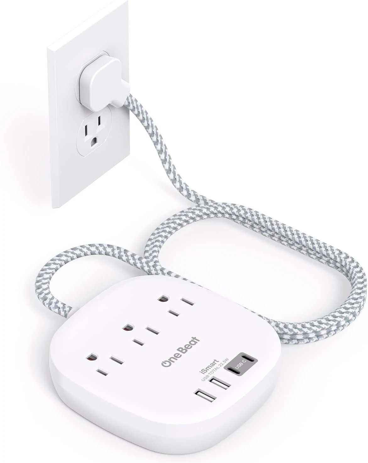 One Beat Flat Plug Power Strip, 6ft Ultra Flat Extension Cord (3 Outlets, 4 USB incl. 2 USB-C)