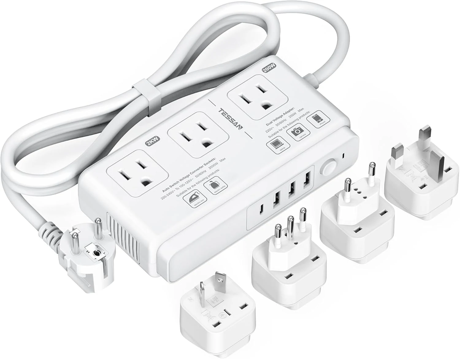 220V to 110V Voltage Converter, TESSAN Universal Travel Adapter with 4 USB Charger (1 USB C), 3 AC Sockets and EU/UK/AU/IT Plug Power Adaptor, Step Down Transformer Outlet-Not for Hair Dryers