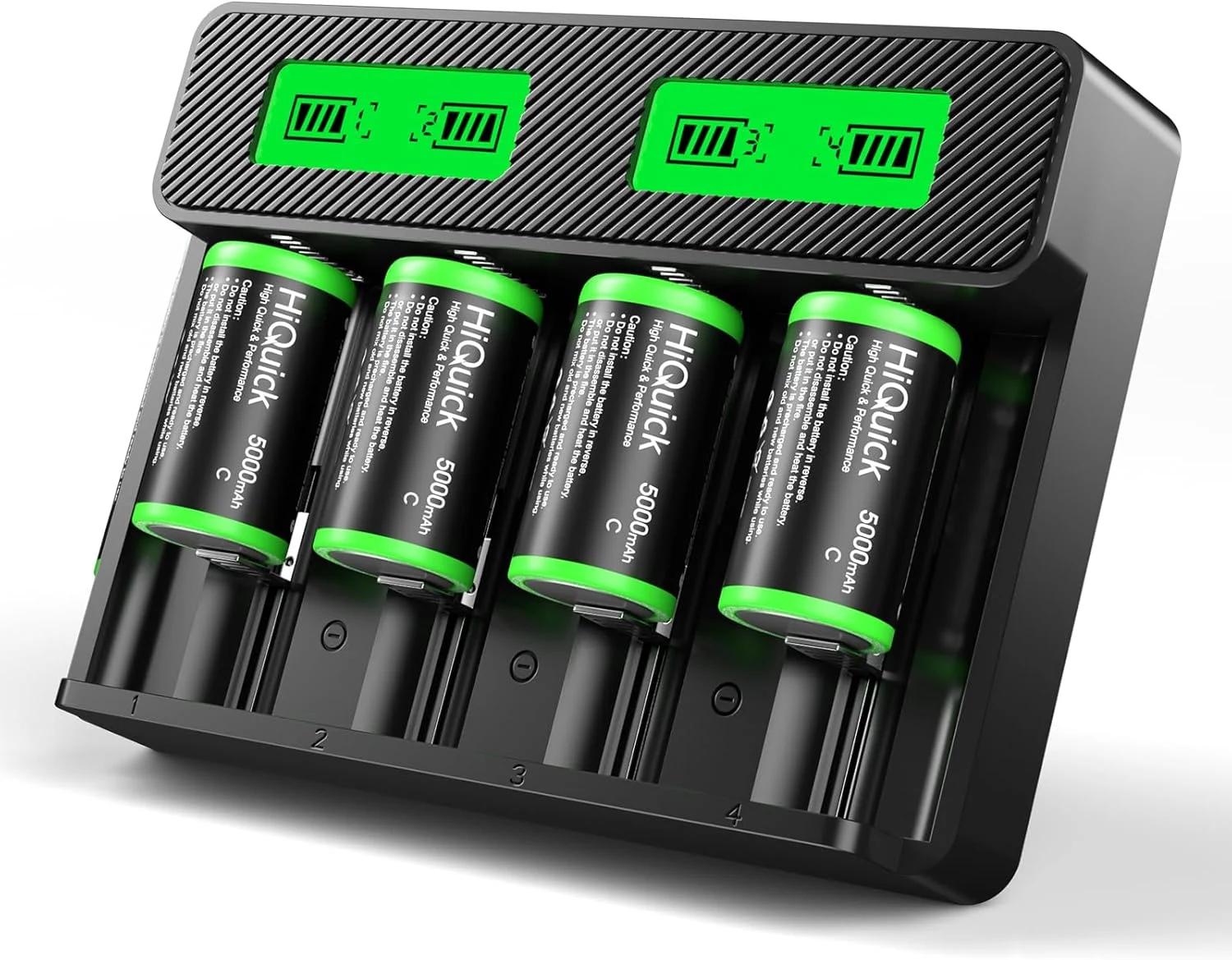 HiQuick Rechargeable C Batteries with Charger, 4 Bay LCD Universal Battery Charger for 1.2V Ni-MH Ni-CD AA AAA C D Batteries to Charge, Contains 4 C Ni-MH Batteries