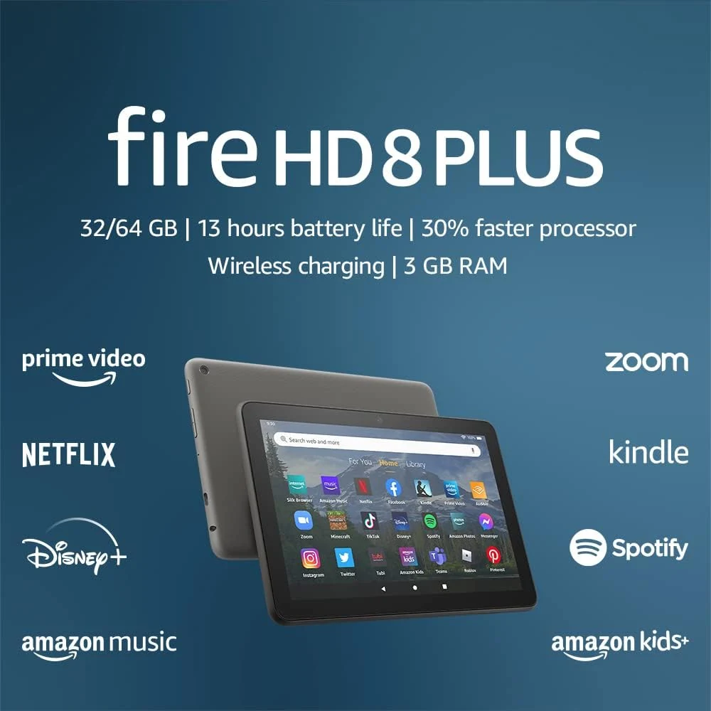 Like-New Amazon Fire HD 8 Plus tablet, 8” HD Display, 32 GB (2022 release), wireless charging, gray