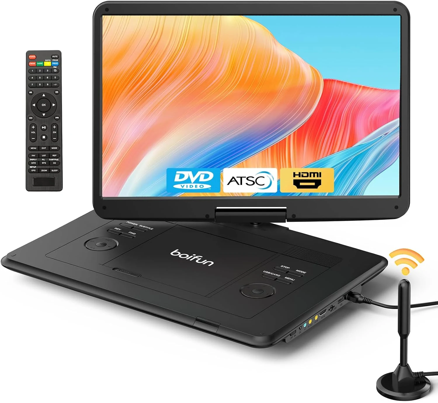 Boifun Portable DVD Player with ATSC TV & FM Radio, 15.6" HD Swivel Screen