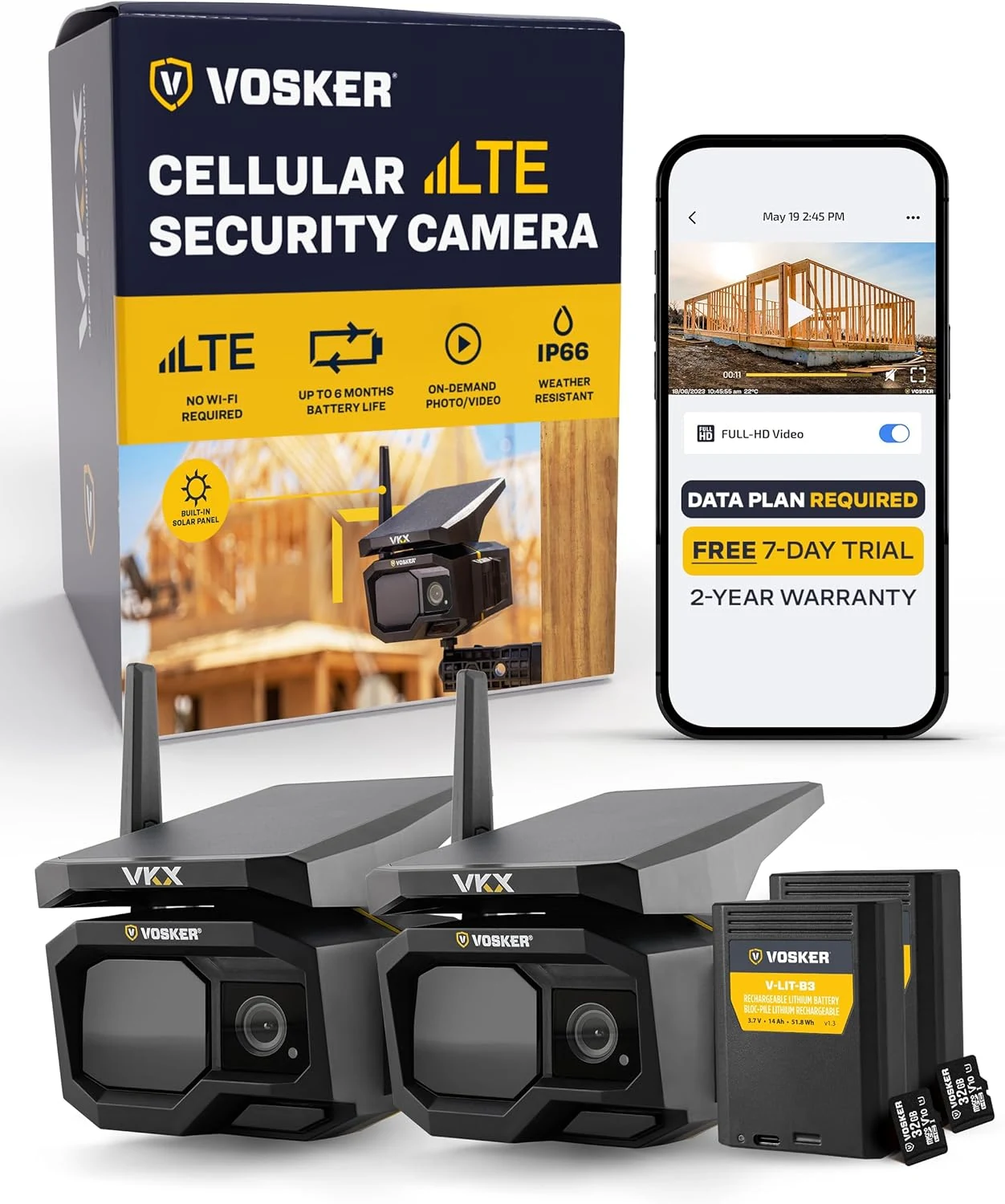 Vosker VKX Solar Powered 4G-LTE Outdoor Cellular Security Camera - No WiFi Needed, Motion Activated, Night Vision (2 Pack)