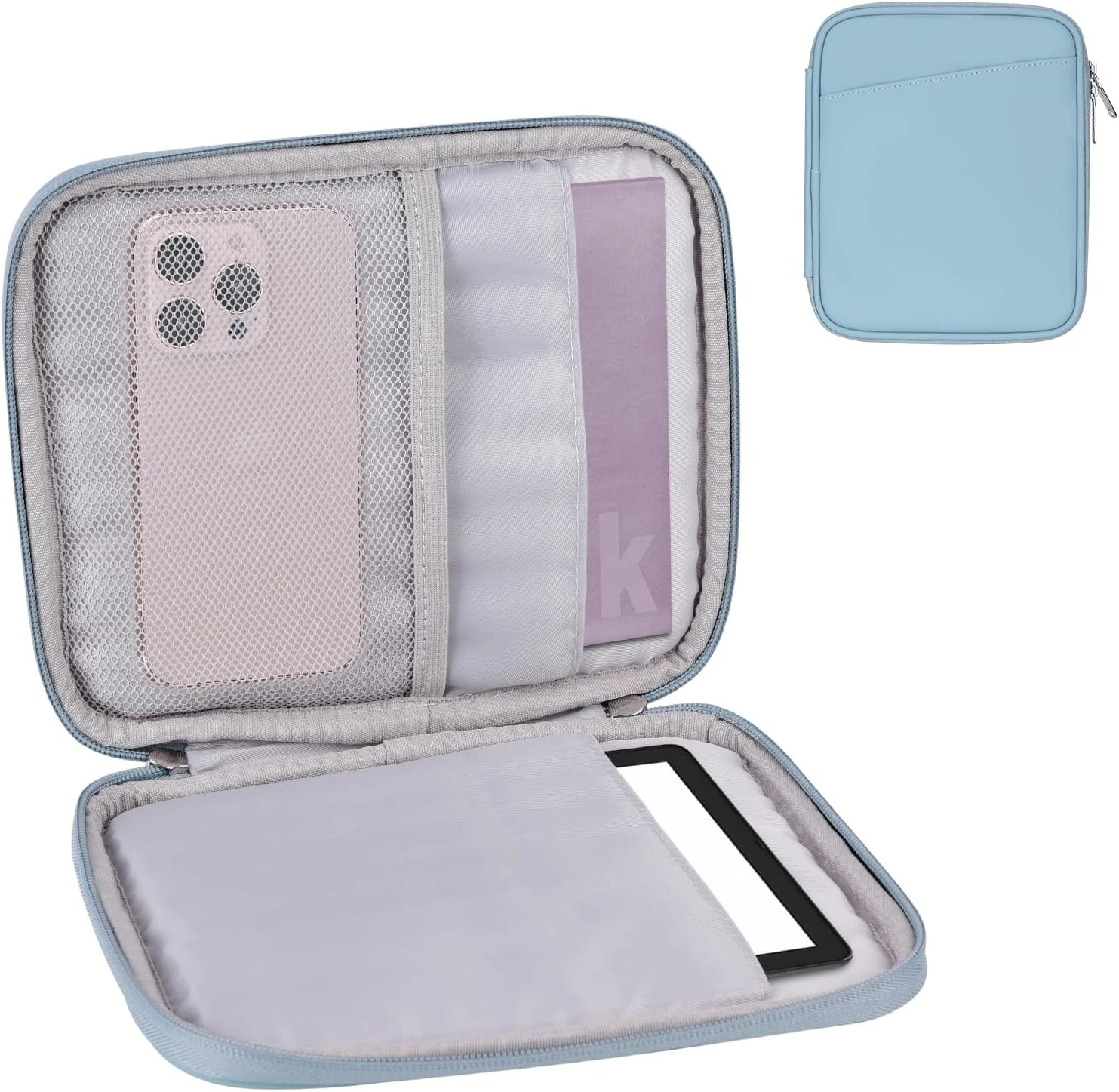 Padded Sleeve Pouch for 6-7 Inch eBook/E-Reader/Kindle Paperwhite/Kindle Oasis, Portfolio Design with Front Pocket, Water-Resistant, Compact & Lightweight (Misty Blue-PU)