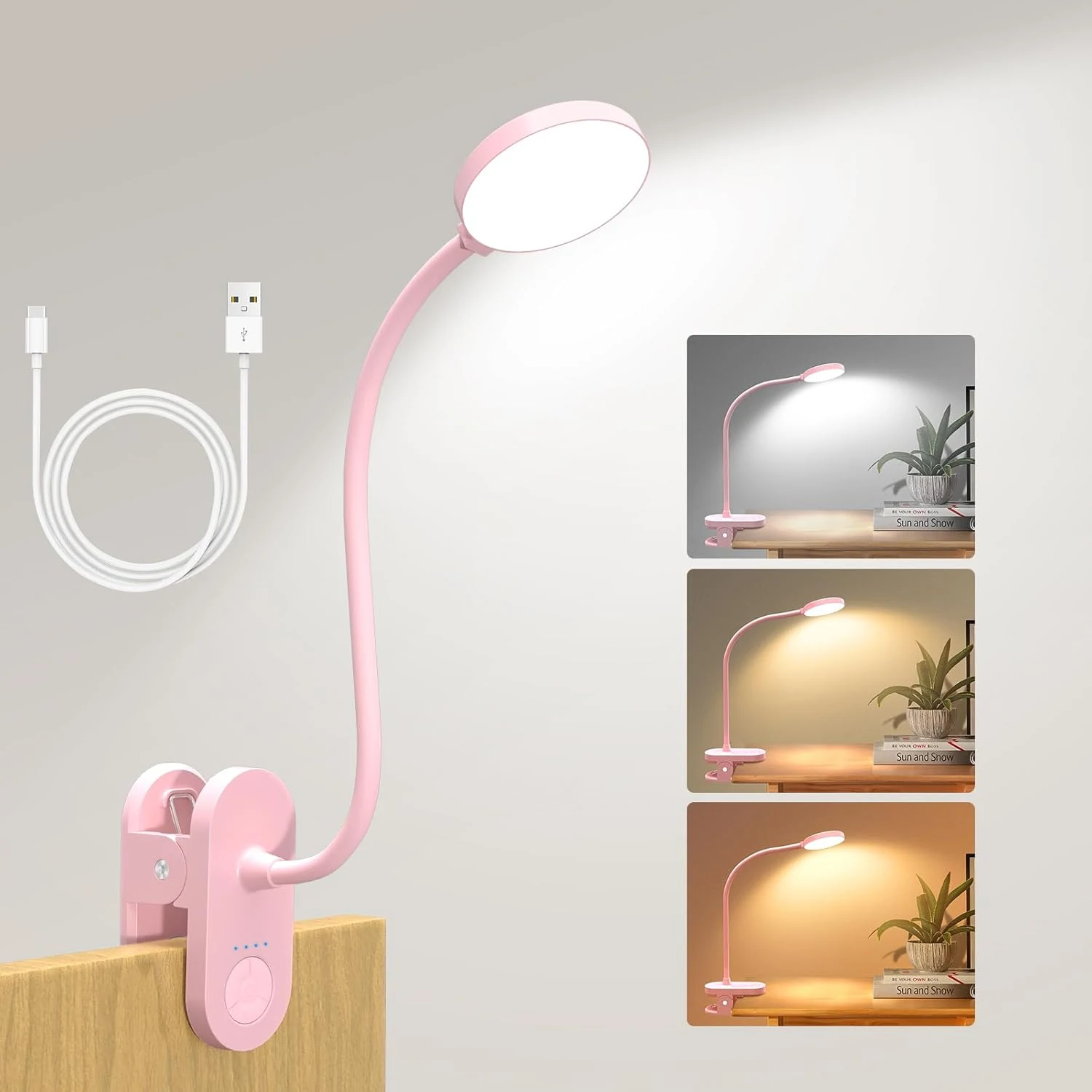 Rechargeable Clip on Light for Bed, Cute LED Reading Lamp (Pink)