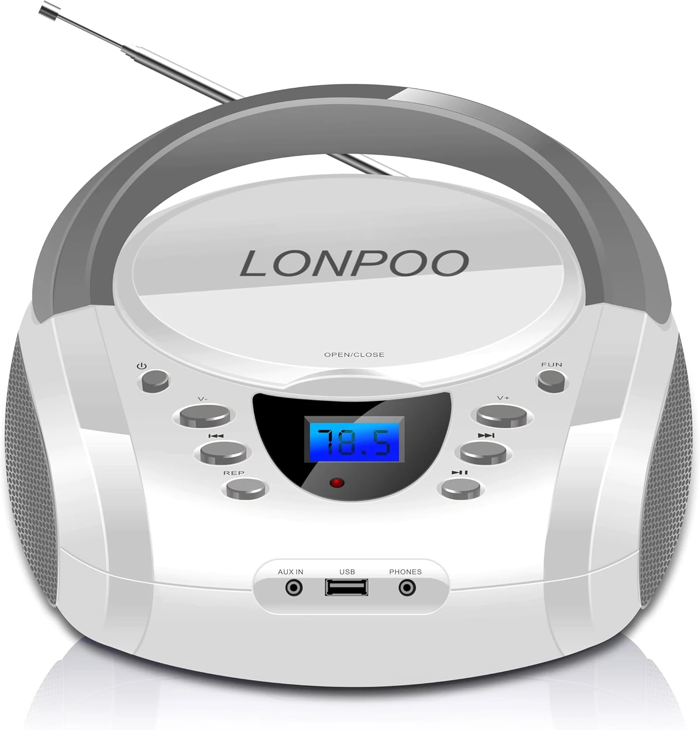 LONPOO CD Players Portable Boombox with FM Radio/USB/Bluetooth/AUX Input and Earphone Jack Output