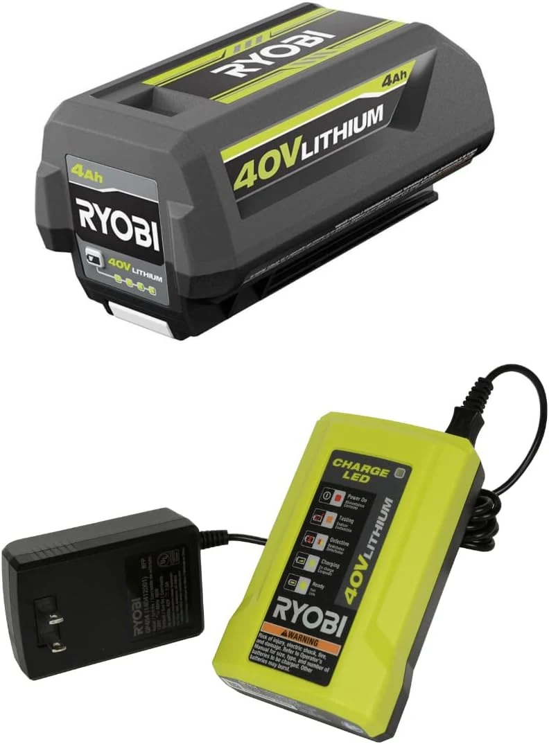RYOBI 40V Battery and Charger Kit 4.0 Ah Lithium-Ion Battery Set OEM OP40404 + OP403A (2021 Redesign with Easy Eject Latch)