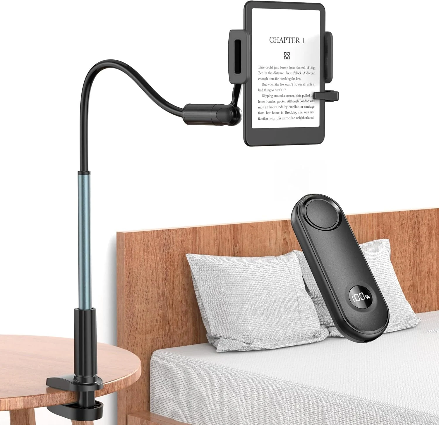 PlusAcc for Kindle Holder with Remote Page Turner – Gooseneck Stand for Reading in Bed, Hands-Free Desk Mount