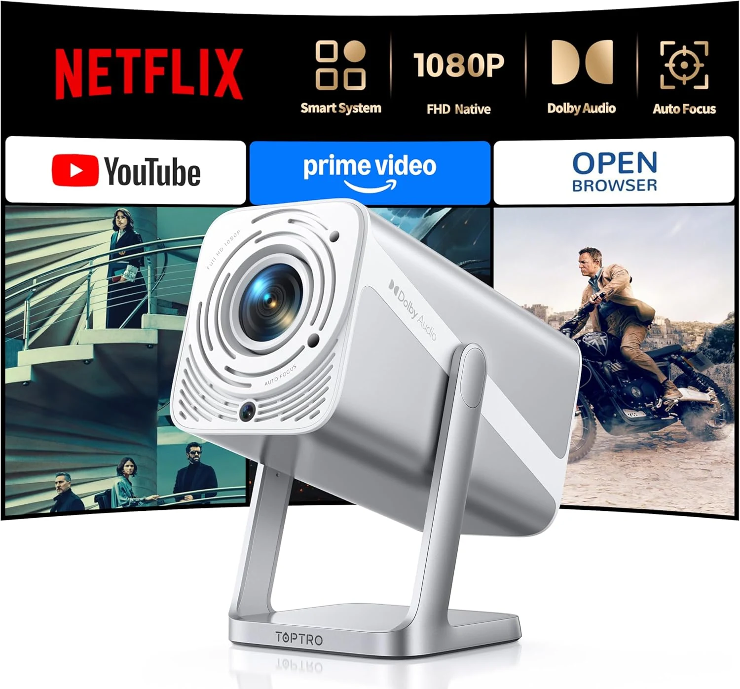 TOPTRO TP1 smart projector with WiFi 6, Bluetooth 5.2, native 1080p and Dolby audio