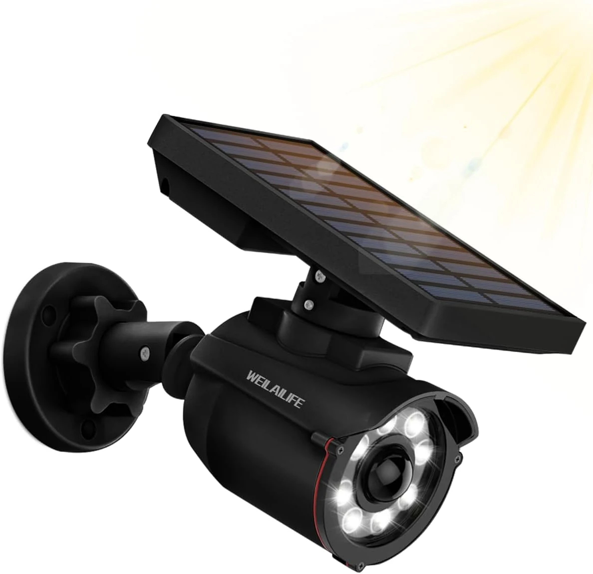 WEILAILIFE Solar Motion Sensor Light Outdoor Wireless Security Floodlight Fake Security Camera with LED Spotlights Waterproof 800 Lumen Bright Exterior Light (Black 1 Pack)
