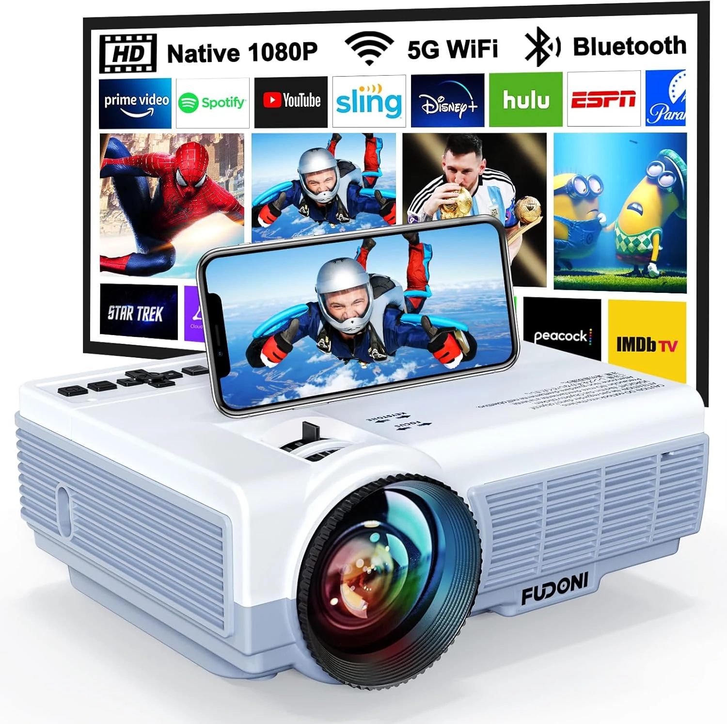 FUDONI Projector with 5G WiFi & Bluetooth, Native 1080P 18000L Portable Movie Projector