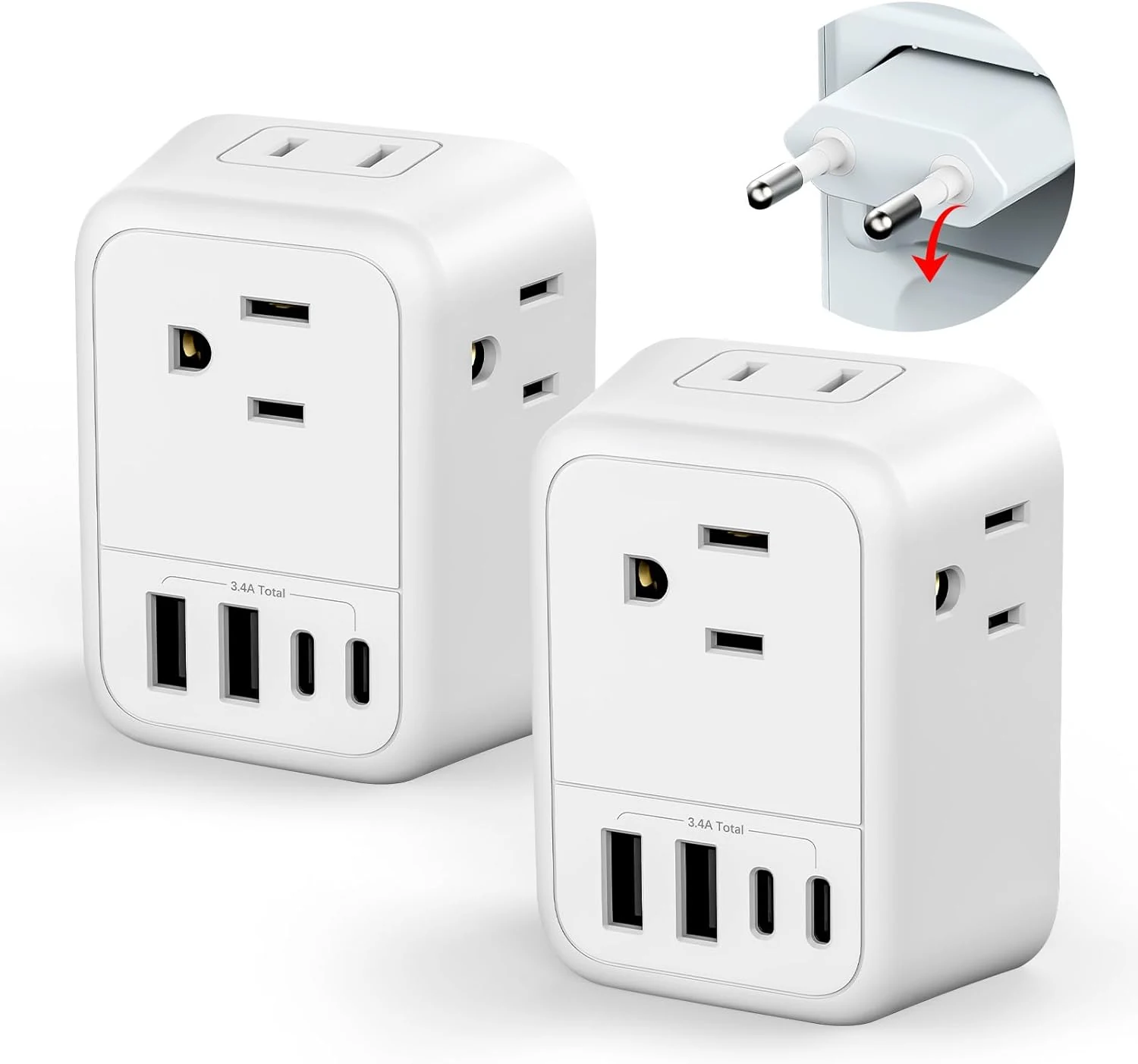 2 Pack European Travel Plug Adapter, FLASHSONIC European Plug Adapter with 4 AC Outlets 4 USB Charging Ports (2 USB C)