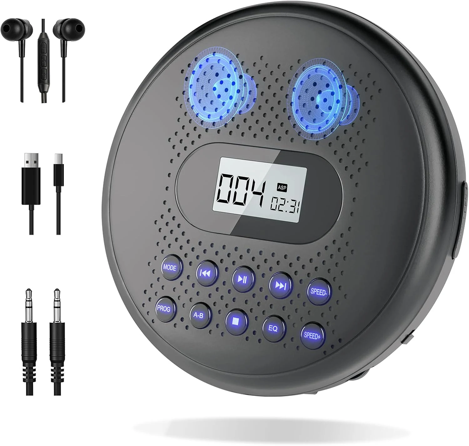 ARAFUNA Portable CD Player with Dual Stereo Speakers, Rechargeable CD Player for Car with Anti-Skip Protection, Headphones and AUX Cable Backlight Buttons