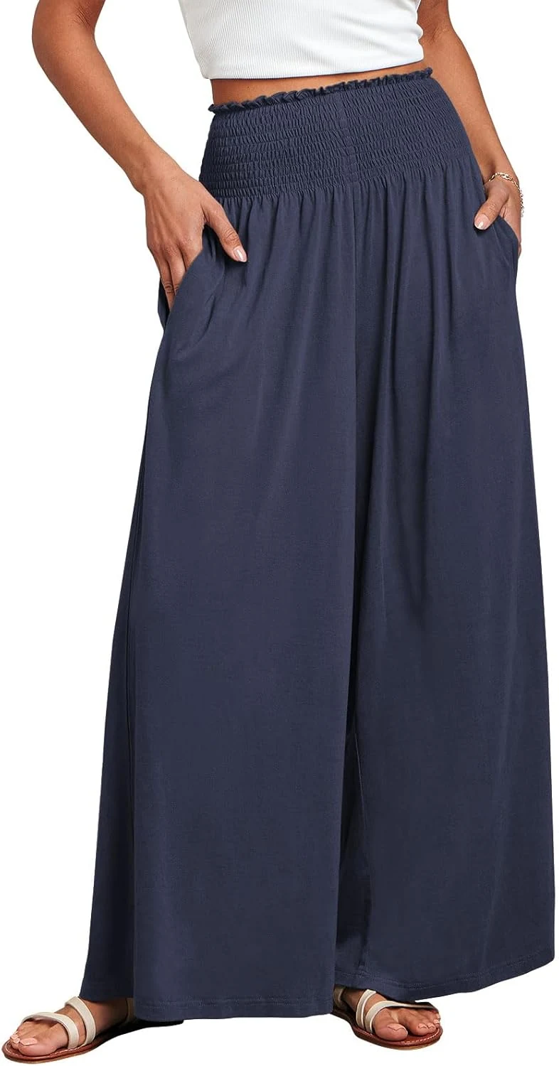 ANRABESS Women Palazzo Pants Summer Boho Wide Leg with Smocked Waist and Pockets