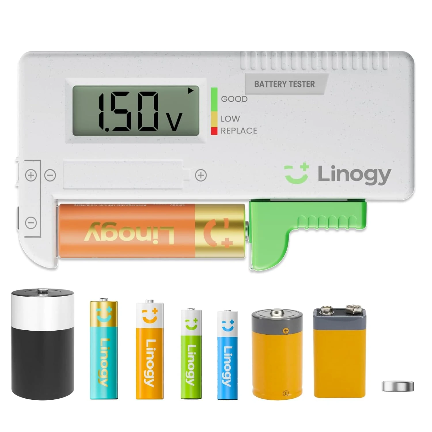 LINOGY Digital Battery Tester for AA AAA C D 9V and 1.5V Coin Cell Batteries