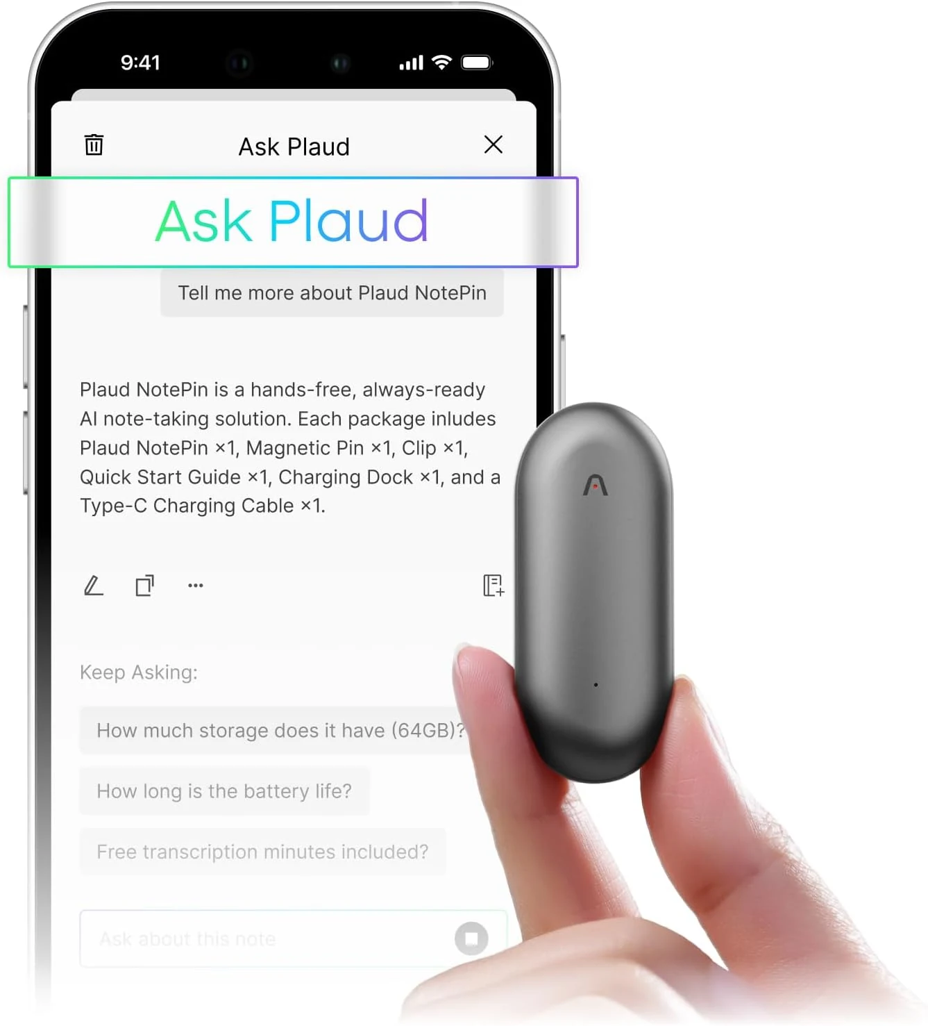 Plaud NotePin Voice Recorder, AI Voice Recorder, AI Note Taker, AI Transcribe & Summarize