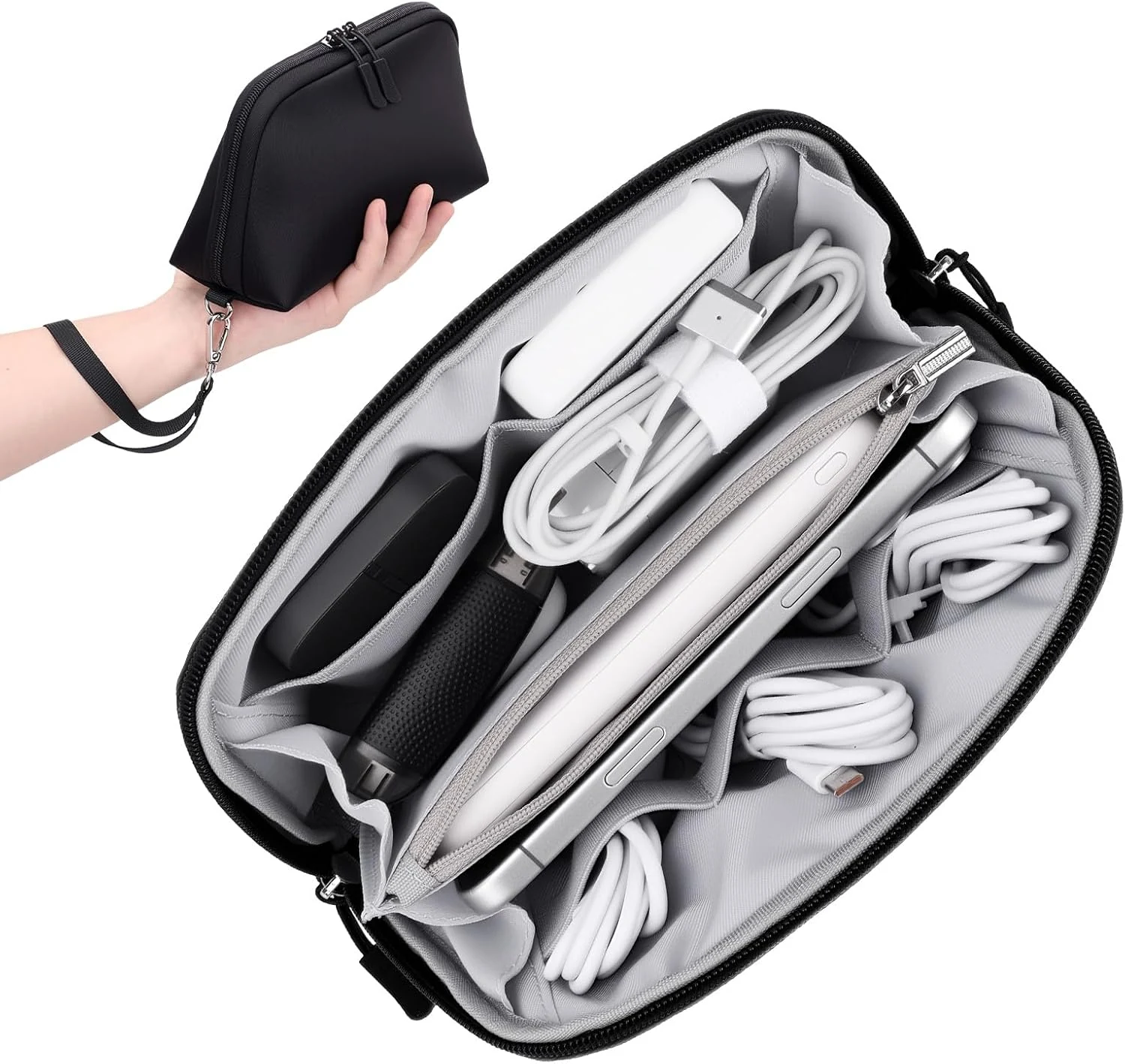 FYY Travel Cable Organizer - 8 Compartments Lightweight Water Resistant Tech Pouch with Wrist Strap (Small, Black)