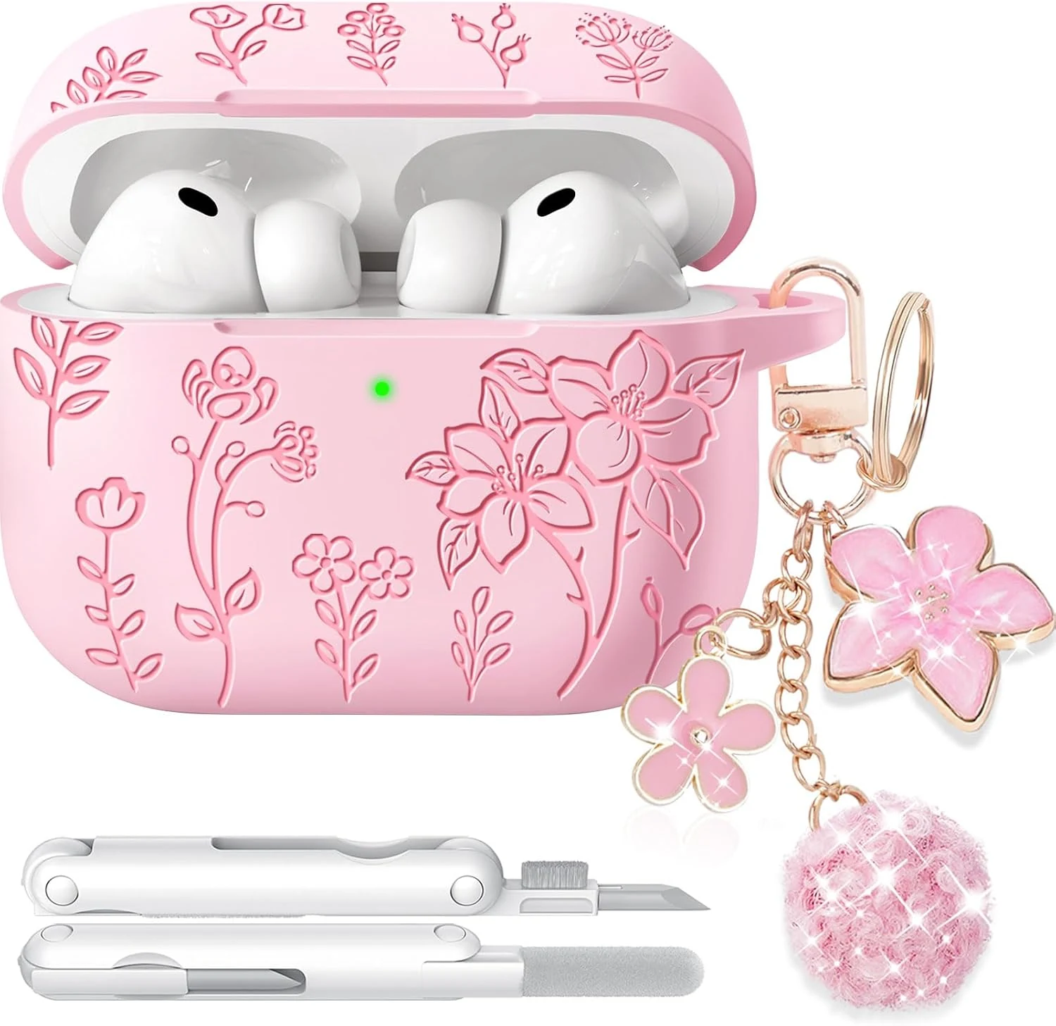 Ekoonpft for AirPods Pro 3 Case Pink, Flower Engraved Case with Cleaner Kit & Keychain for Apple AirPods Pro 3rd Generation 2025