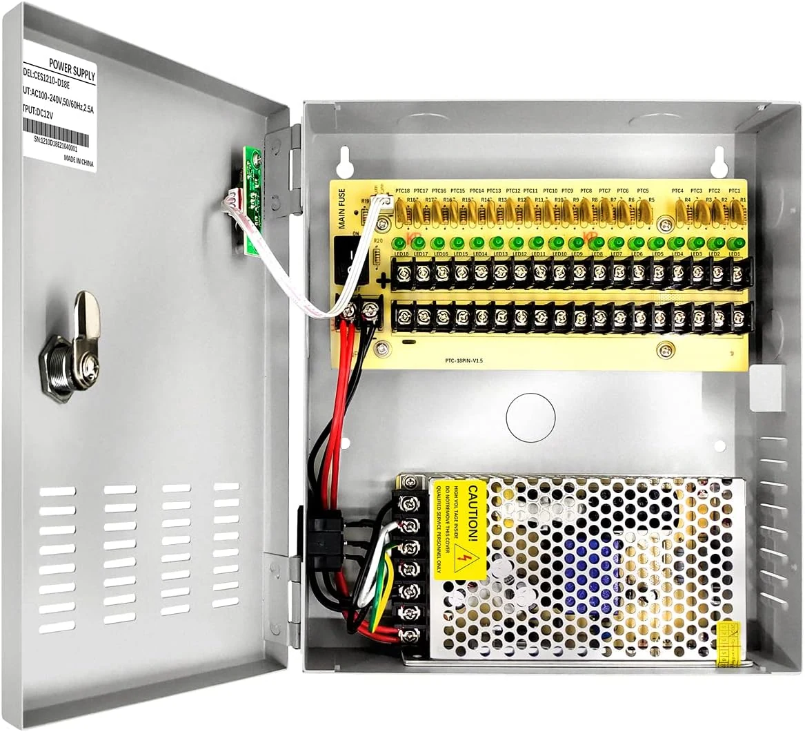 18 Channel 12 Volt DC Output 10A CCTV Distributed Power Supply Box for Security Camera with AC Plug and Lock (10A 18-Channel)