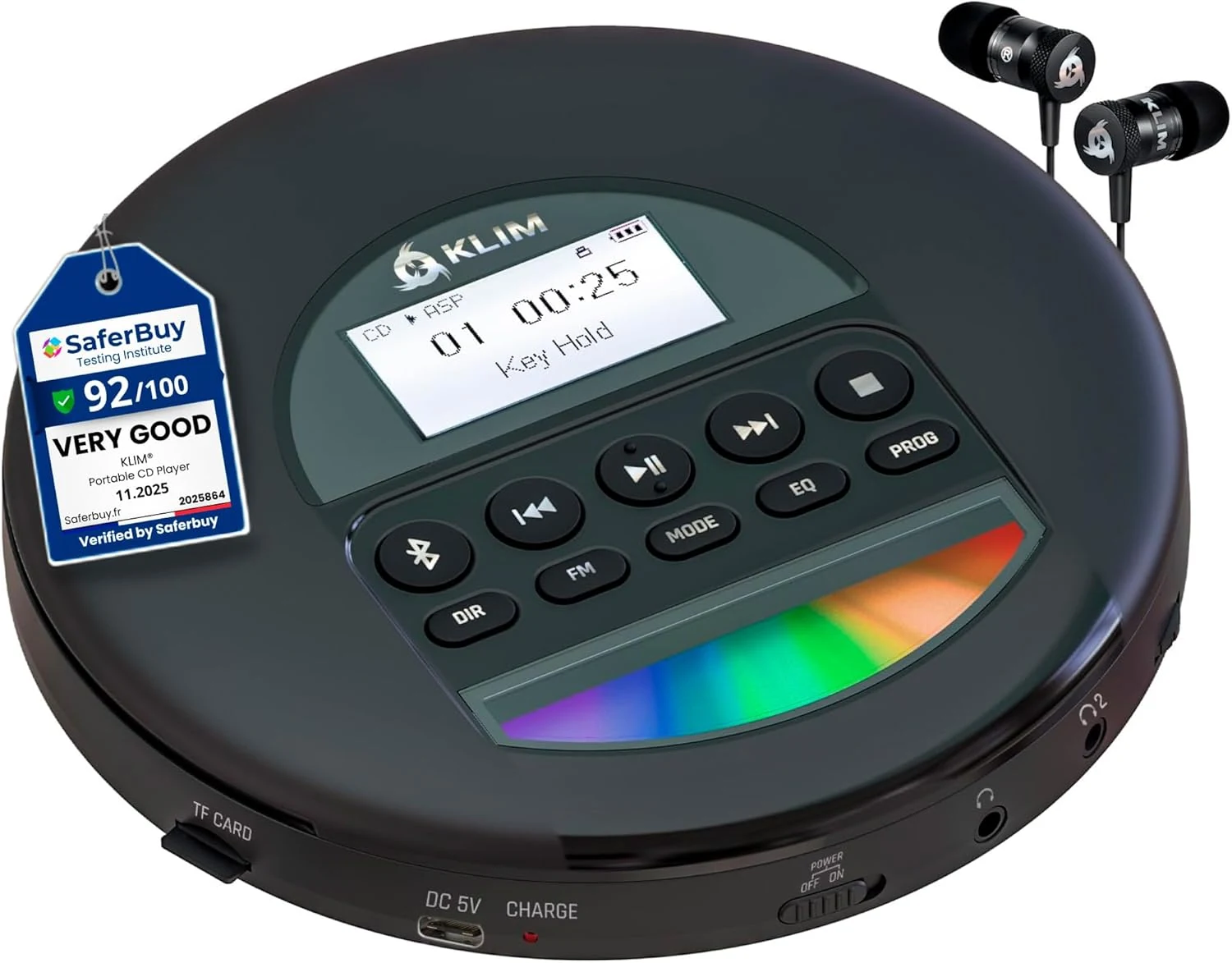 KLIM Nomad portable CD player with rechargeable battery, Bluetooth, TF card, and FM radio