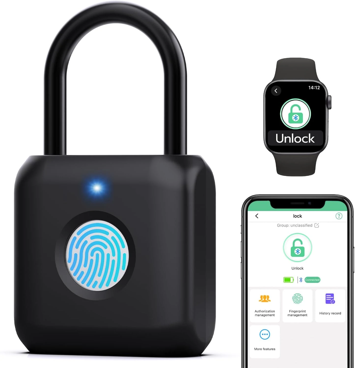 Fingerprint Padlock,Smart Padlock APP Control,Gym Locker Lock,Fingerprint Lock USB Rechargeable for Gym Locker,Locker, School,Storage Black