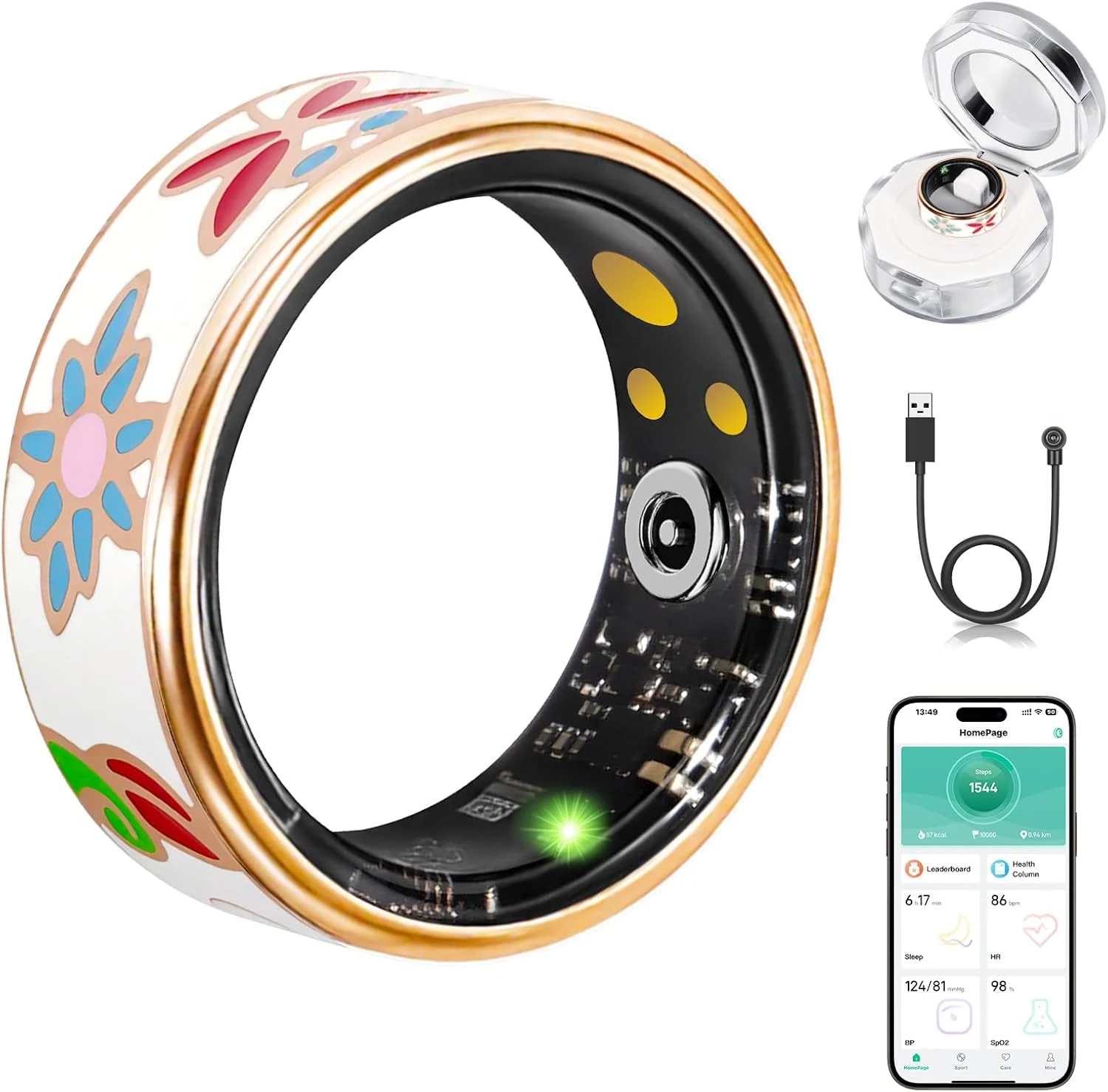 Advanced Smart Ring for Women and Men - IP68 Waterproof Health Tracker Ring with Heart Rate, Step Counting, Sleep Monitoring, No Subscription Fee for iPhone/Android, Enamel Rose Gold 8#