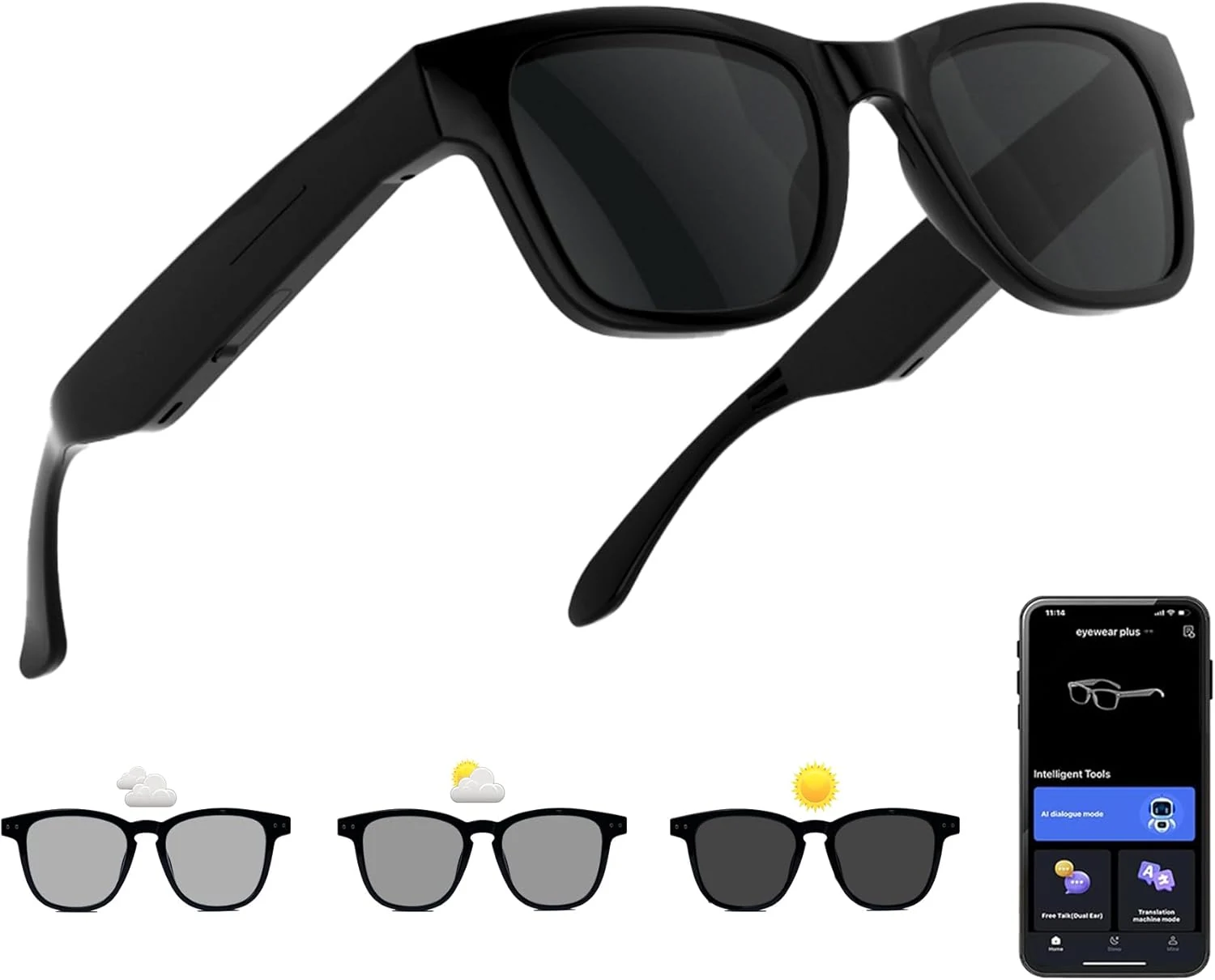 XOOMEER AI Smart Glasses with Color-Change Lenses Bluetooth Glasses for Men Women with Translation (160+ Languages)