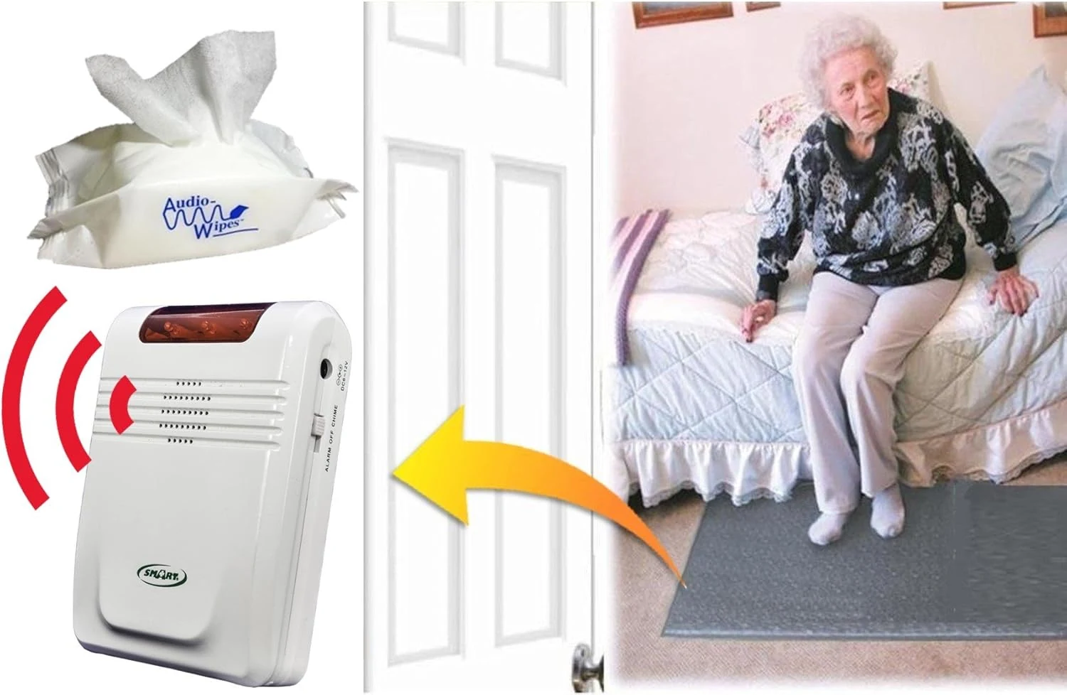 Smart Caregiver Economy Cordless Fall Monitor and Cordless Floor Mat Sensor Bundle with Pouch of 30 Cleaning Wipes