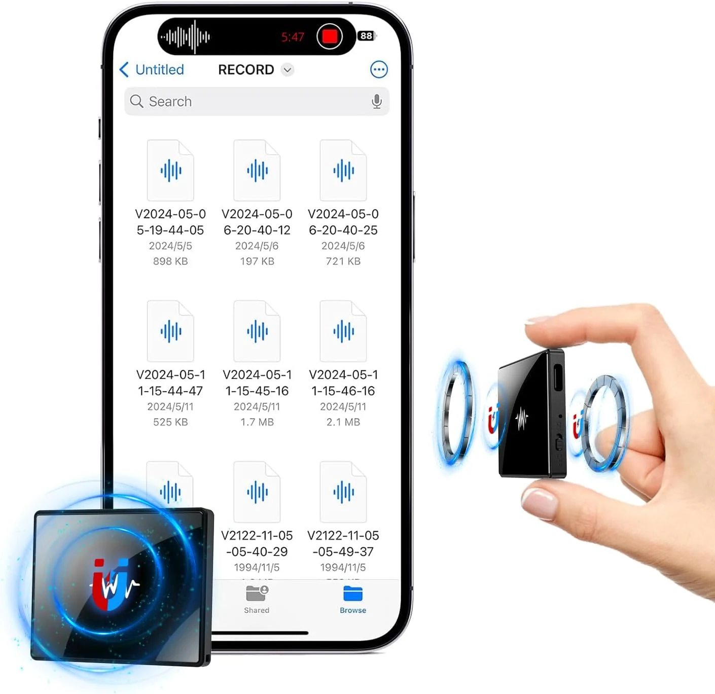 128GB(10800 Hour) 2-Sides Magnetic Voice Recorder, Recording Device with Al-Triple Noise Cancellation, Voice Activated Recorder 90 Days Storage Capacity, MP3 Form Audio Recorder, for Meetings Intervie
