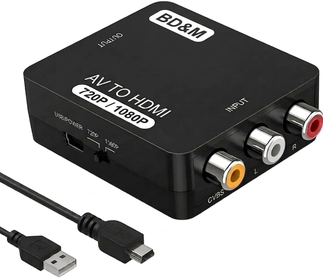 BD&M RCA to HDMI Converter, AV to HDMI Adapter Supports PAL/NTSC for PS2, PS3, Xbox, VHS, VCR, DVD Players
