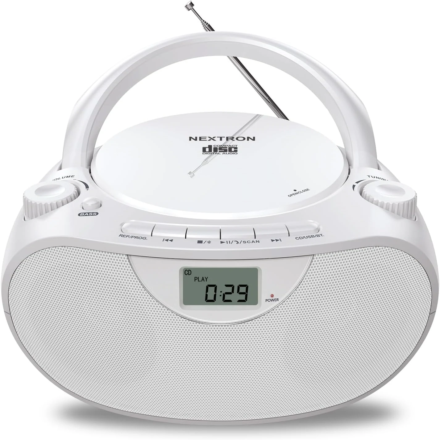 Nextron Portable CD Player Bluetooth Boombox with AM/FM Radio, USB, AUX-in, Headphone Jack, CD-R/RW & MP3-CD Compatible, Stereo Sound with Bass Boost, AC/Battery Operated – White