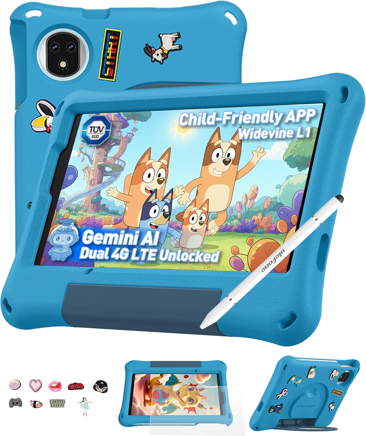 Ulefone Tab A9 Pro Kids Tablet, Advanced Parental Control & Gemini AI Learning, Android 15, 8.68" TÜV SÜD Eye Comfort Display, 5G WiFi/Dual SIM, Shockproof Case with Stylus & DIY Kit (Blue)