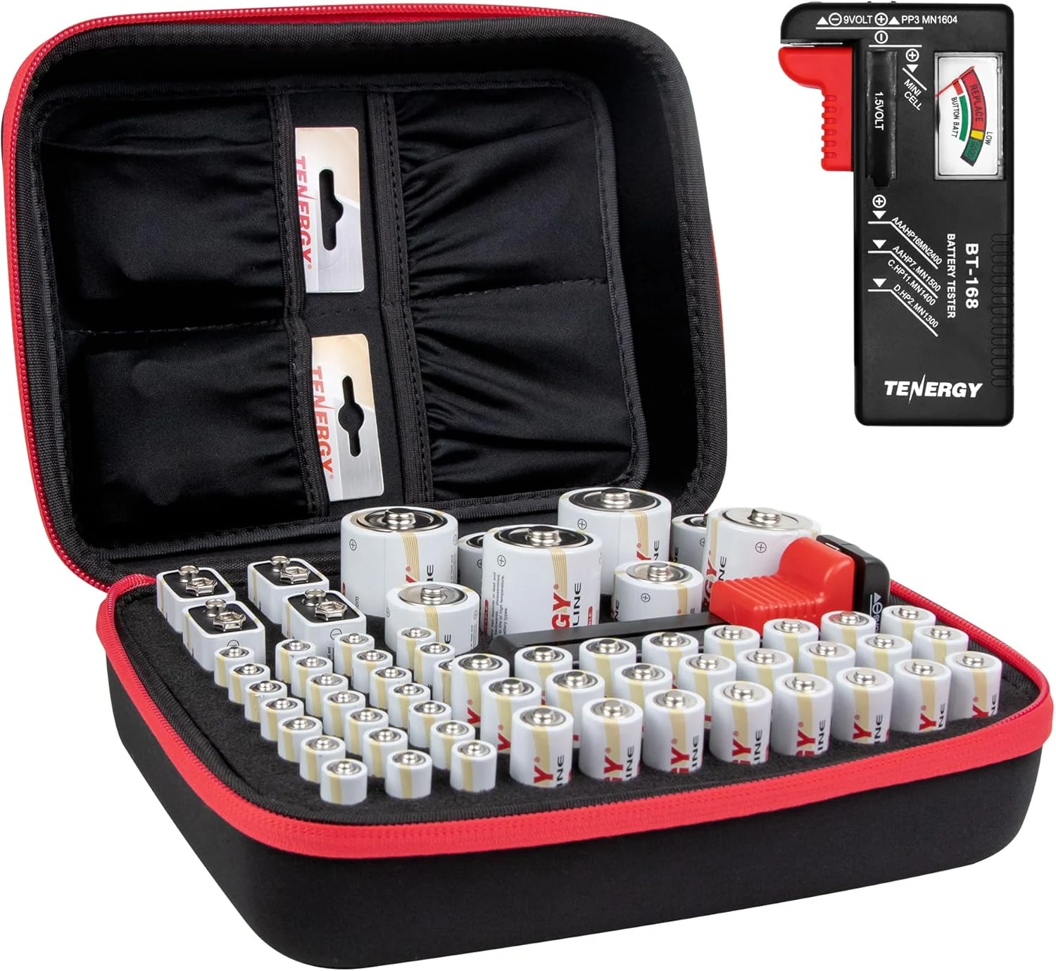 Tenergy Battery Organizer Storage Case with Battery Tester, Holds 60 Batteries AA AAA C D 9V