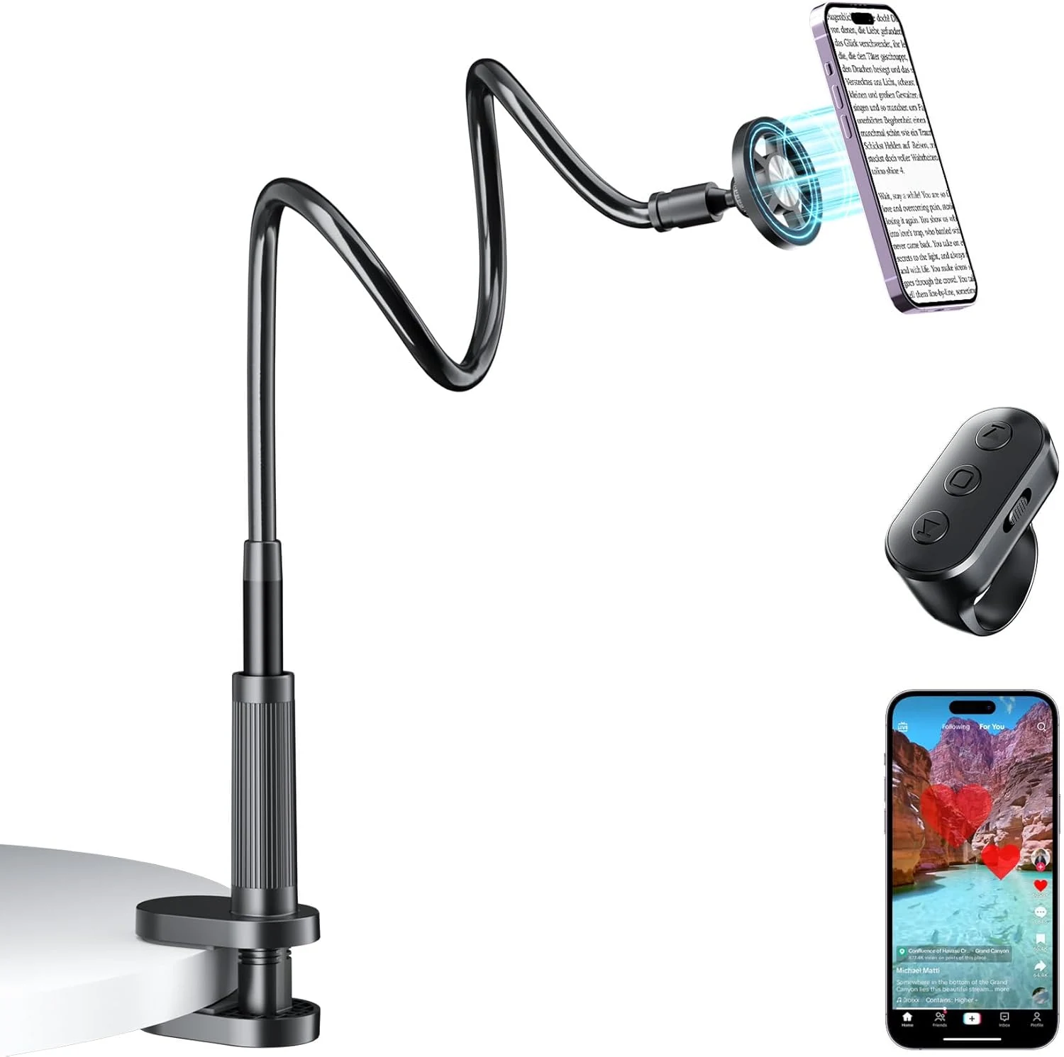 Magnetic Phone Holder for Bed Laying Down with Page Turner, Gooseneck Cell Phone Stand with Reading Clicker, 360°Flexible Long Arm Mount with Wireless Scrolling Ring for Titok iPhone Android