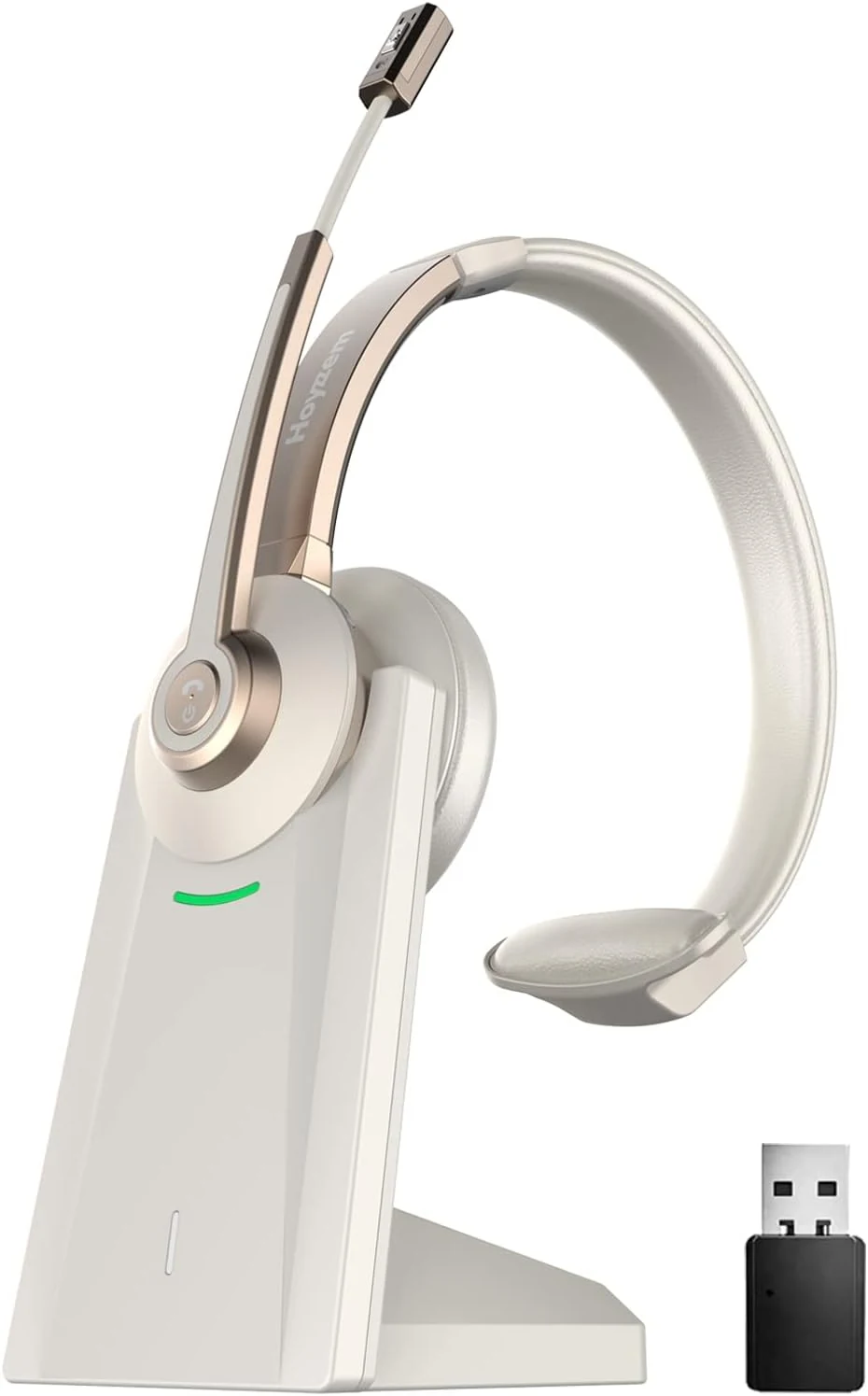 Hoyzzem single-ear Bluetooth headset with USB dongle, noise-canceling mic, and charging dock